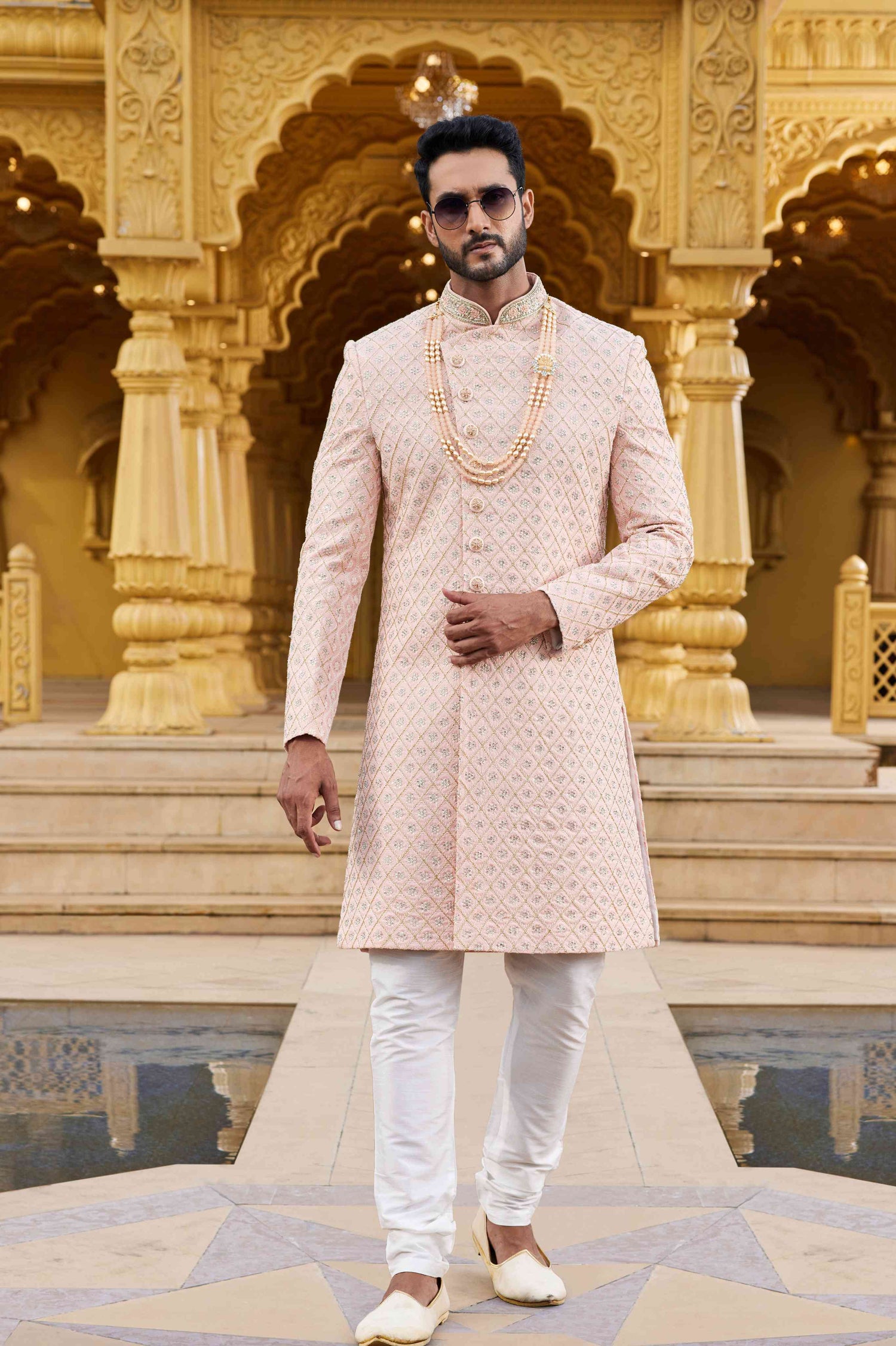 Peach Embroidered Art Silk Sherwani for Men with Churidar
