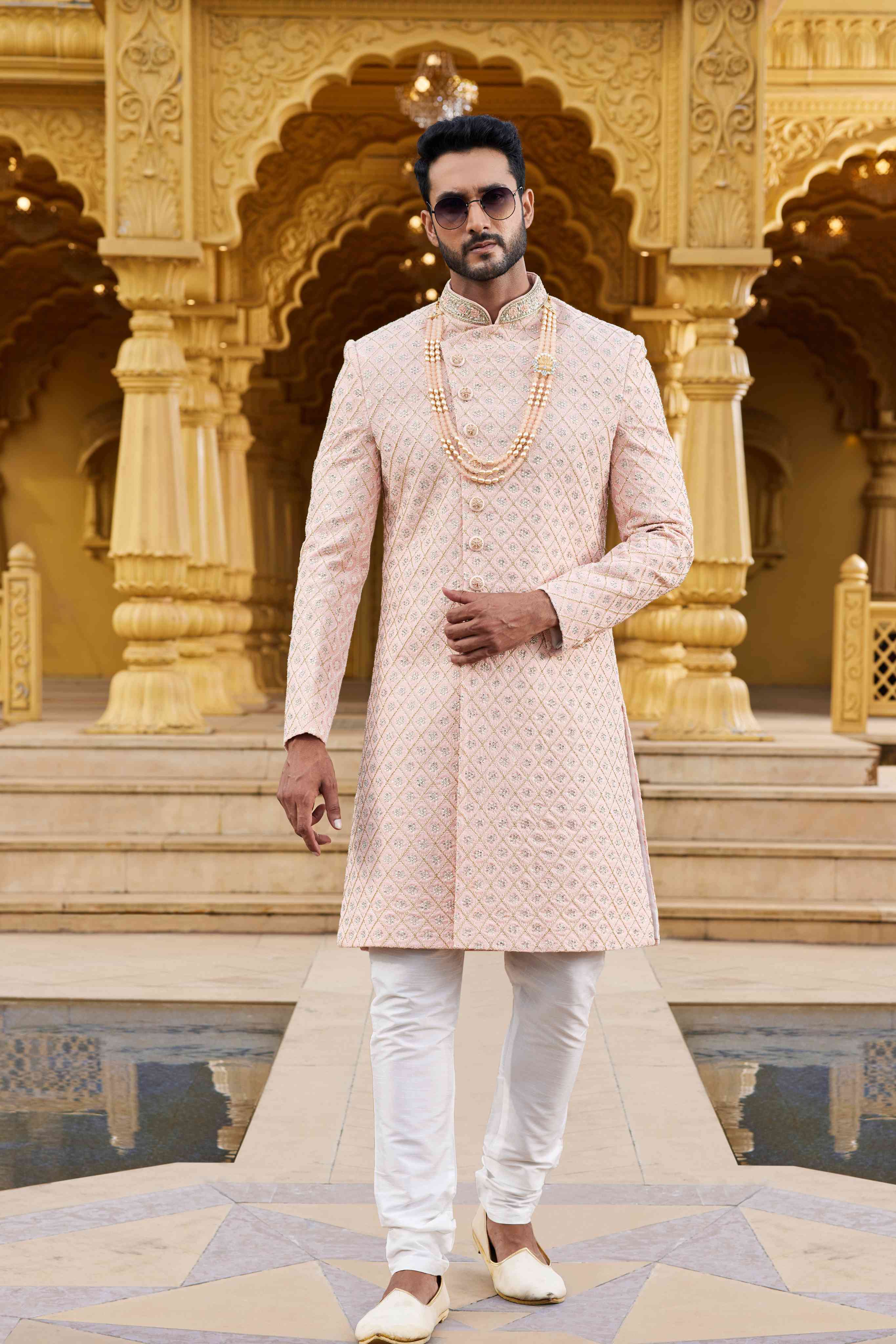 Peach Embroidered Art Silk Sherwani for Men with Churidar