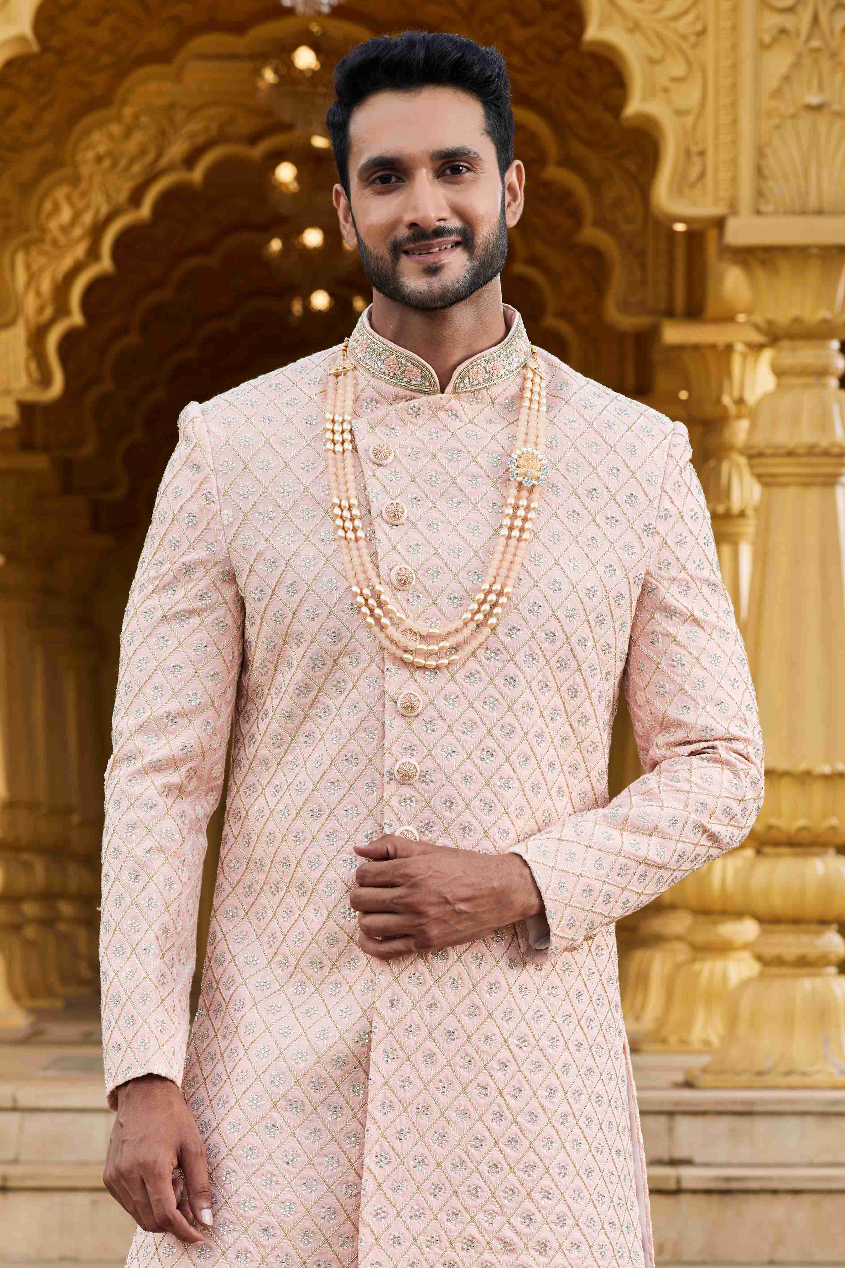 Peach Embroidered Art Silk Sherwani for Men with Churidar