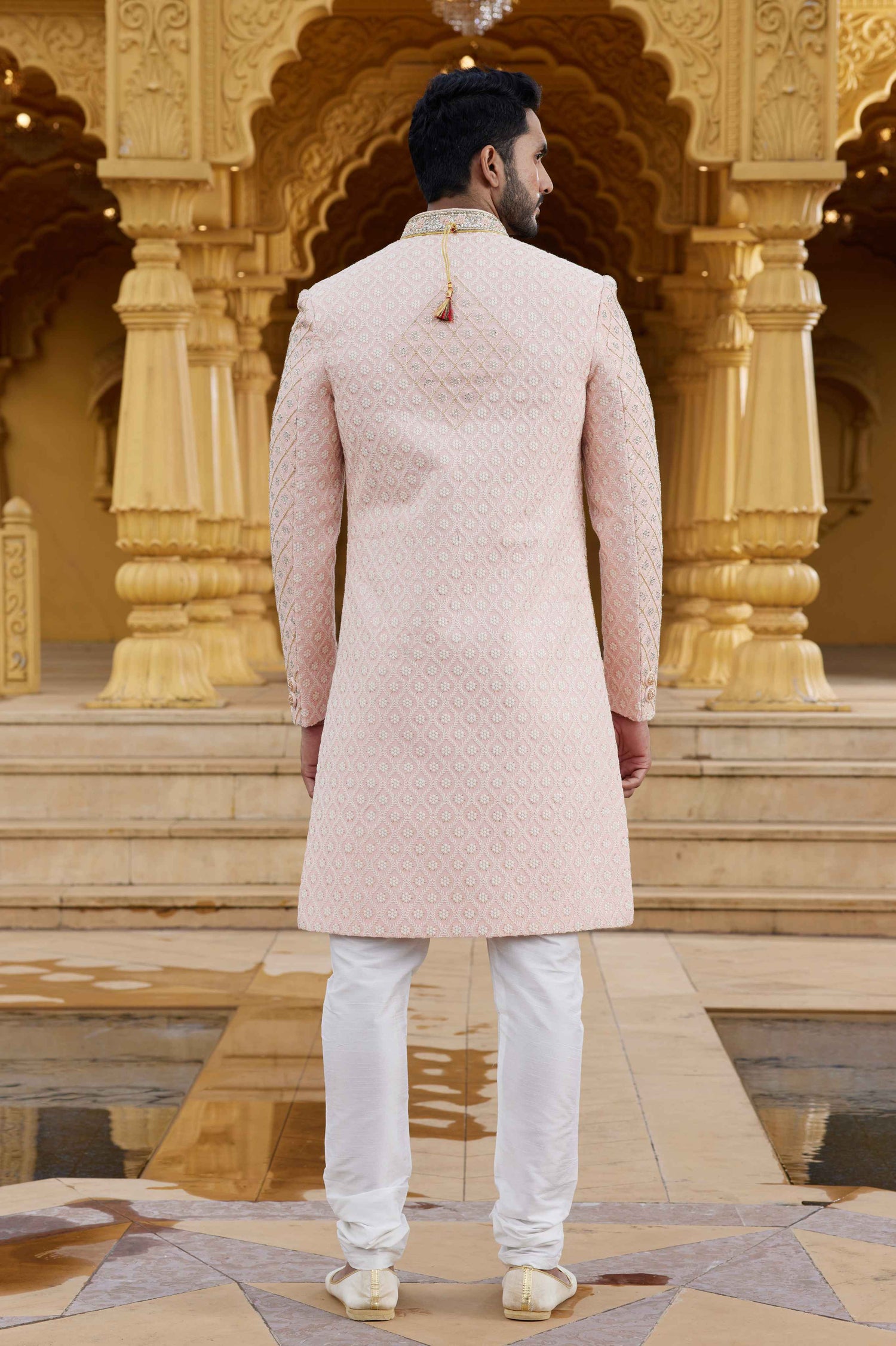 Peach Embroidered Art Silk Sherwani for Men with Churidar
