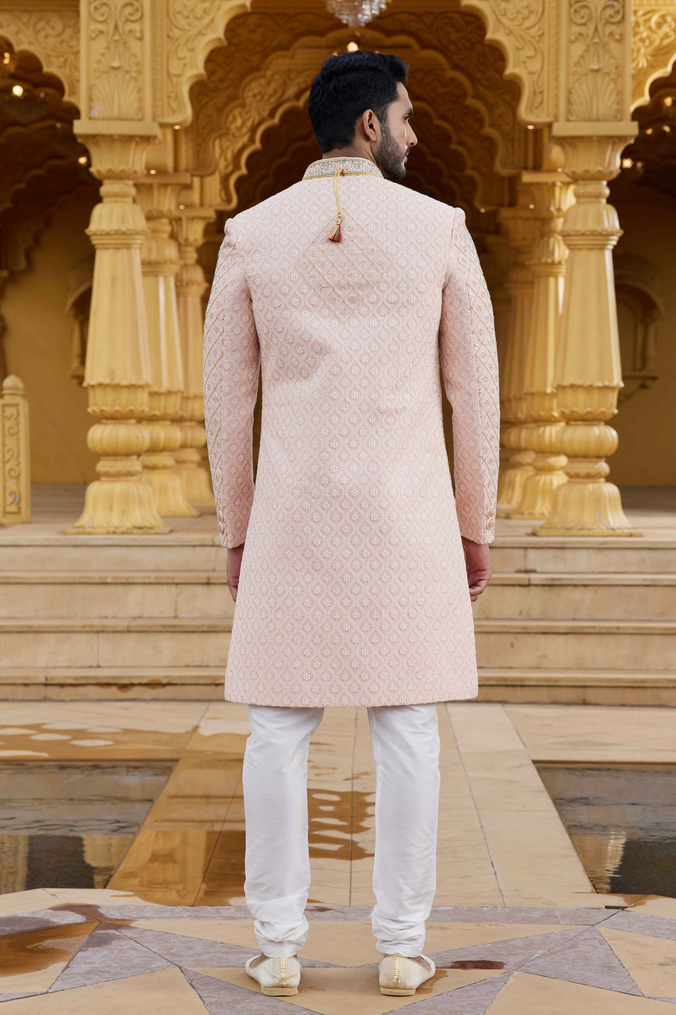 Peach Embroidered Art Silk Sherwani for Men with Churidar
