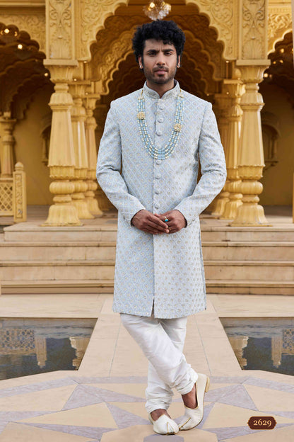 Grey Embroidered Art Silk Sherwani for Men with Churidar