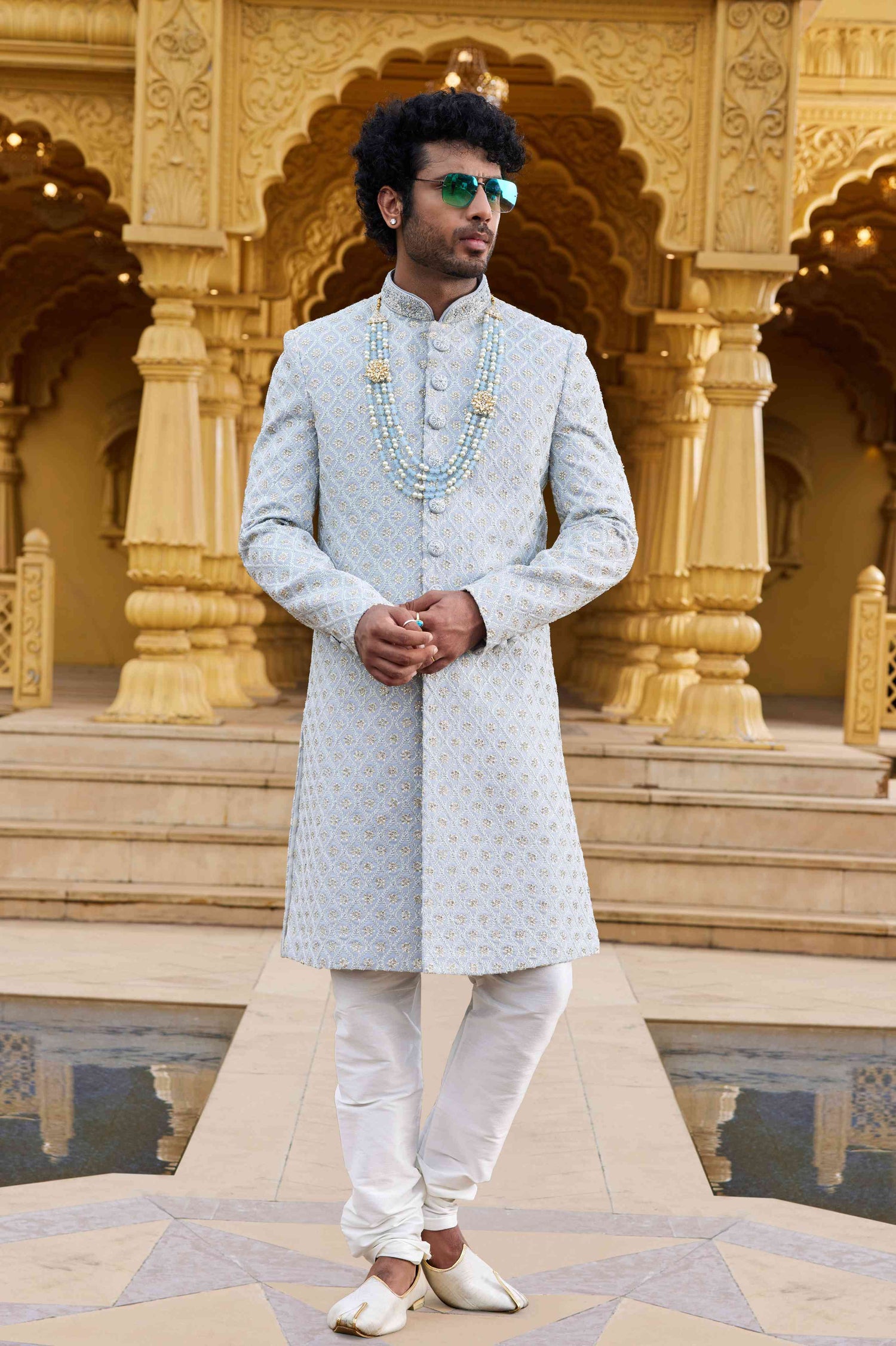 Grey Embroidered Art Silk Sherwani for Men with Churidar