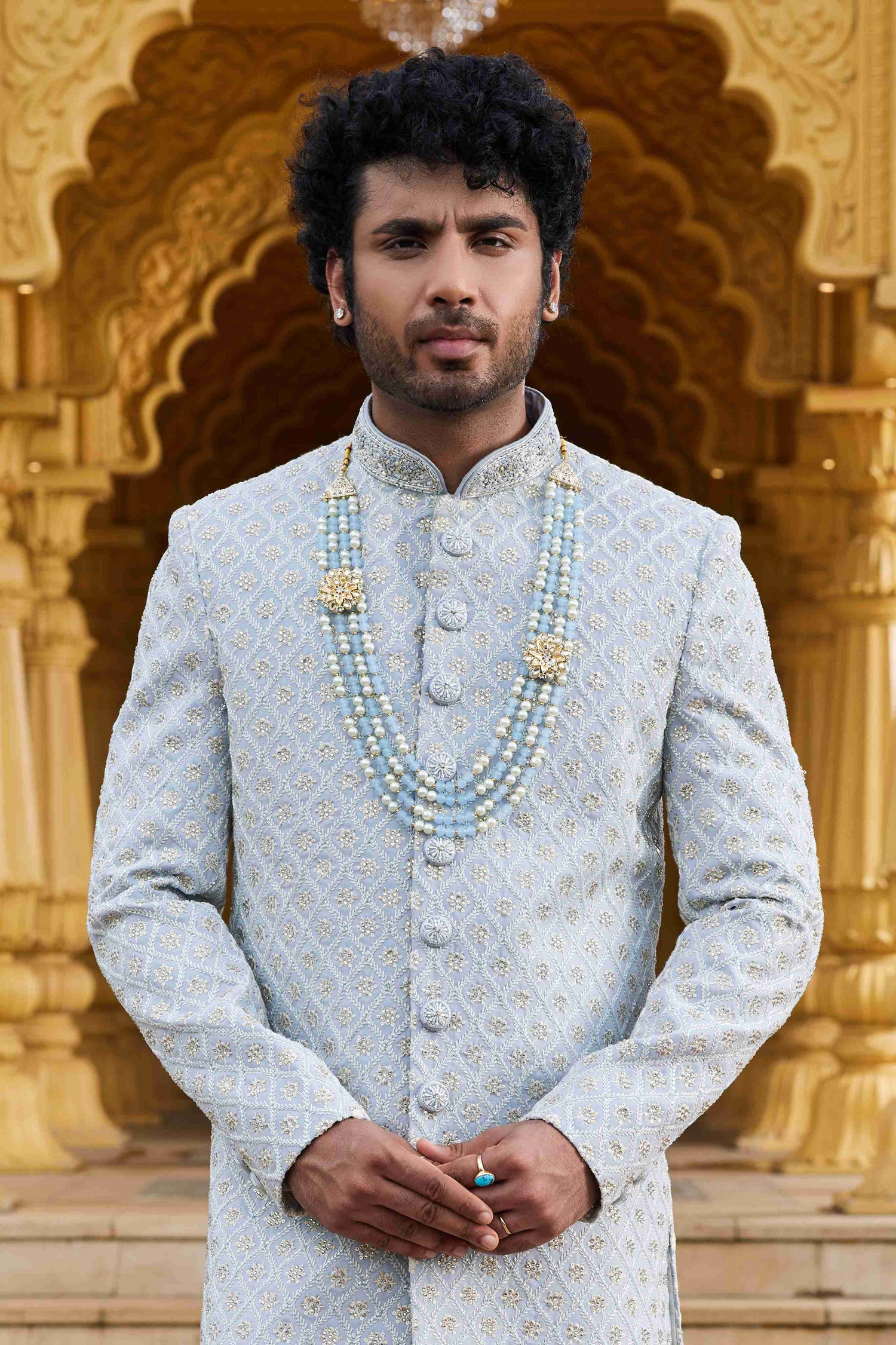 Grey Embroidered Art Silk Sherwani for Men with Churidar