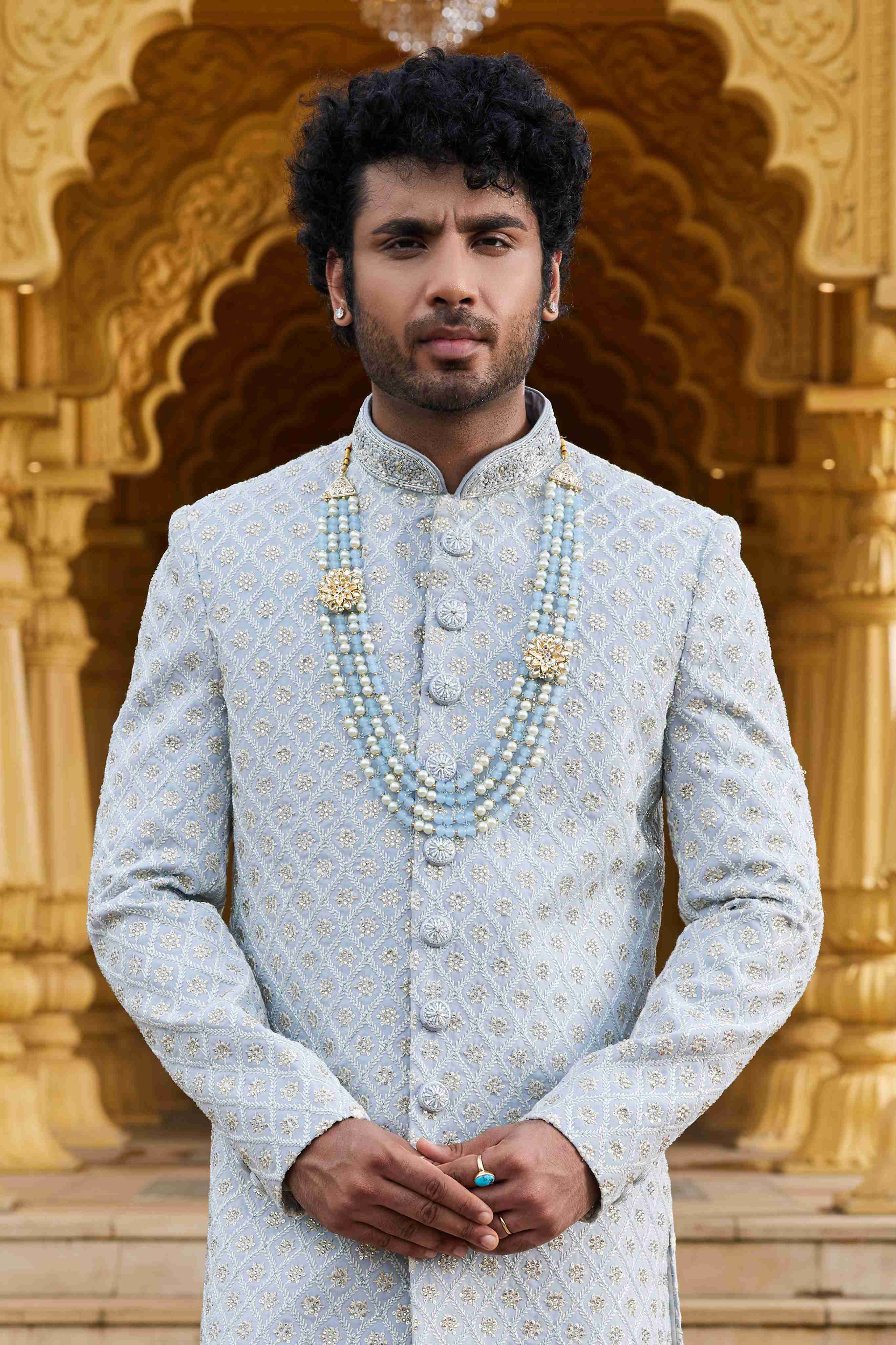 Grey Embroidered Art Silk Sherwani for Men with Churidar