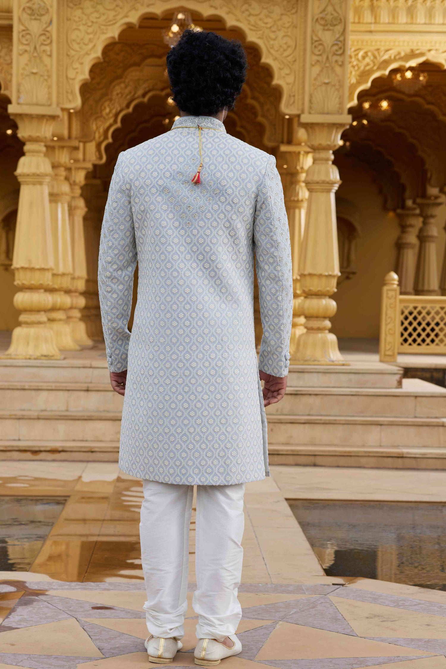Grey Embroidered Art Silk Sherwani for Men with Churidar