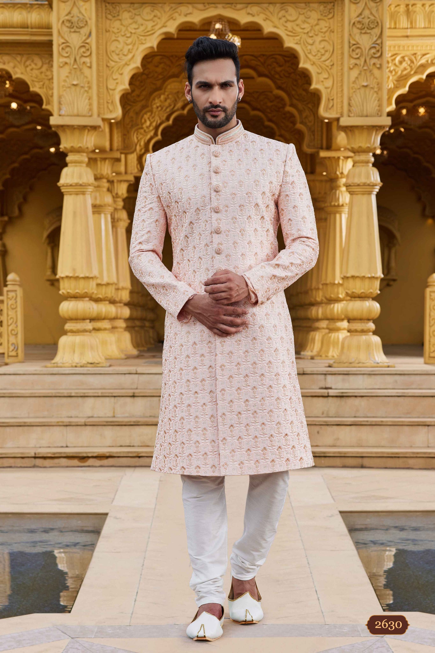 Peach Cream Embroidered Sherwani in Art Silk for Men