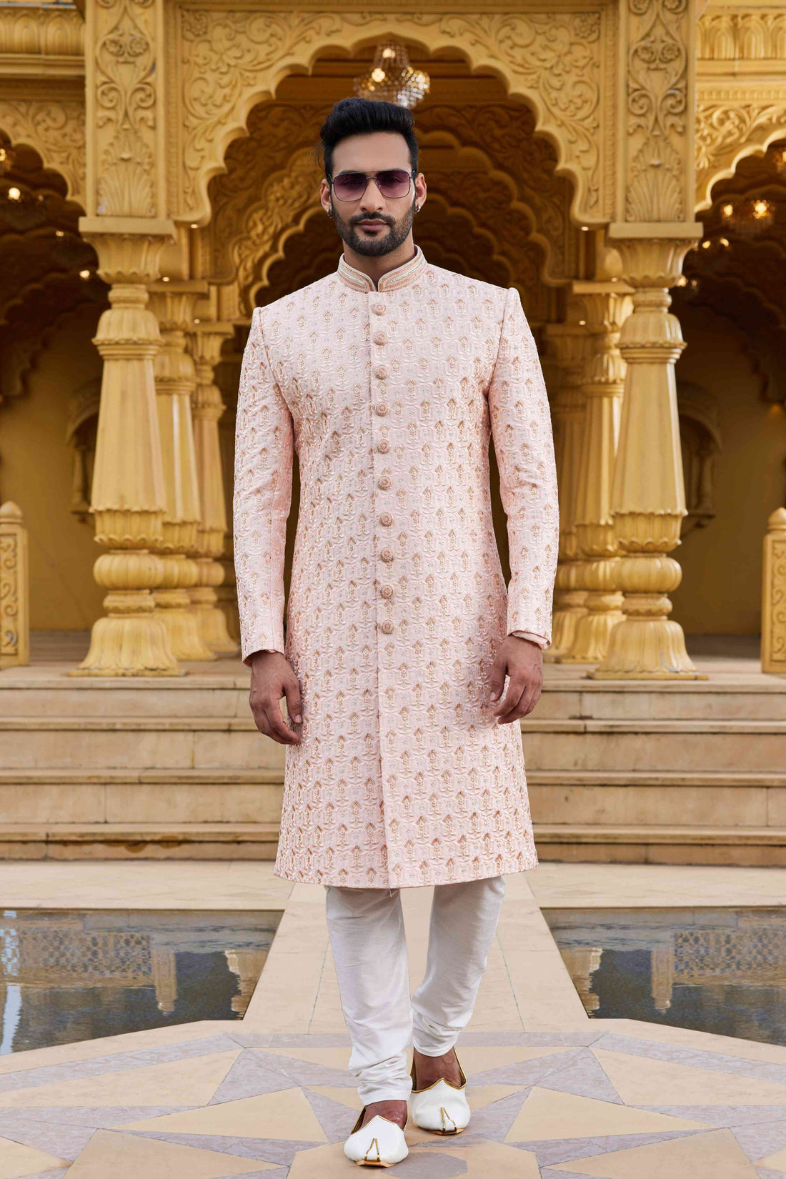Peach Cream Embroidered Sherwani in Art Silk for Men