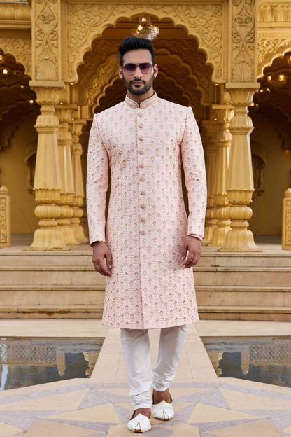 Peach Cream Embroidered Sherwani in Art Silk for Men