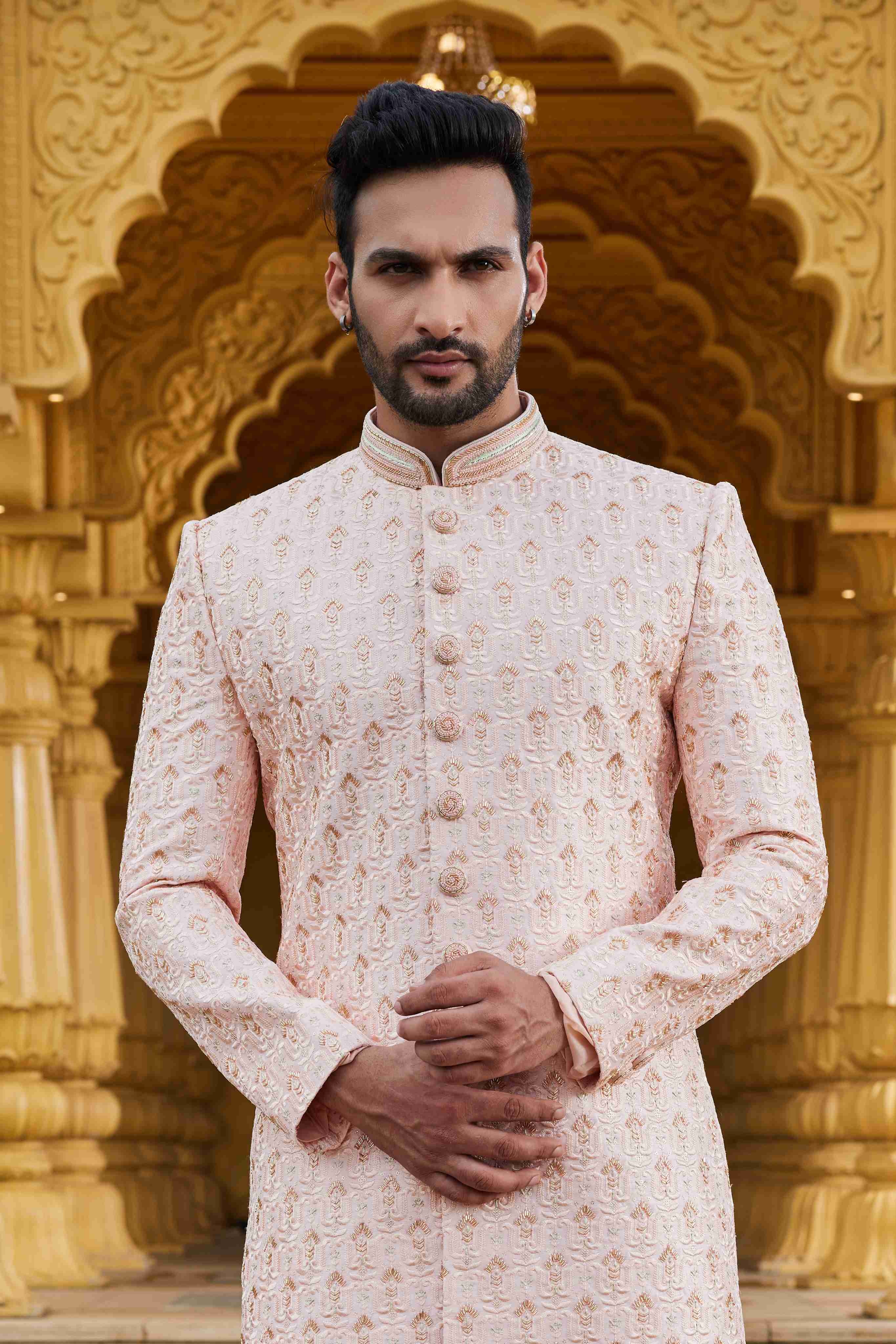 Peach Cream Embroidered Sherwani in Art Silk for Men