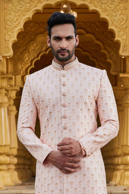 Peach Cream Embroidered Sherwani in Art Silk for Men