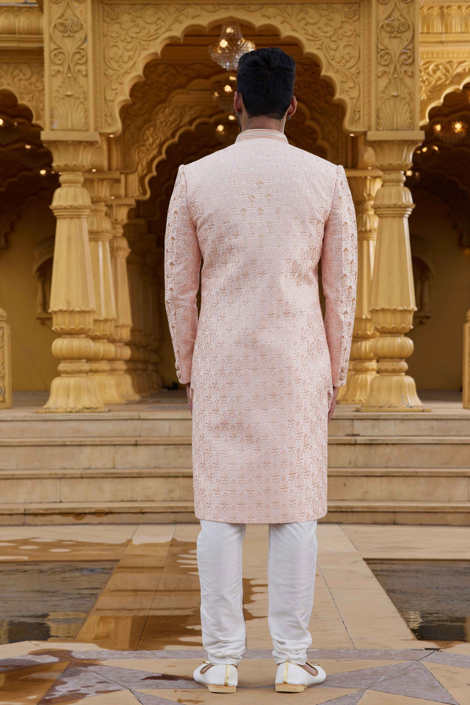 Peach Cream Embroidered Sherwani in Art Silk for Men