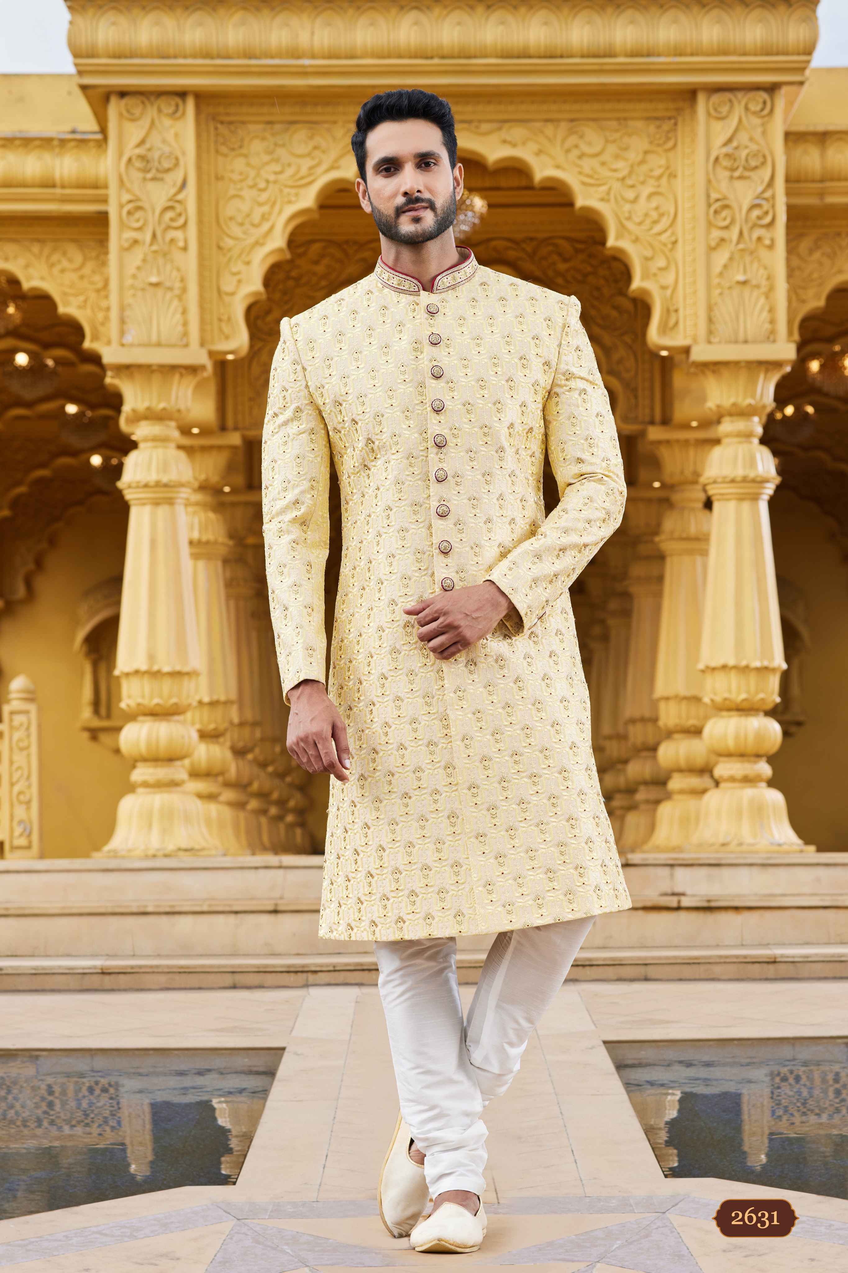 Yellow Embroidered Sherwani for Men in Art Silk