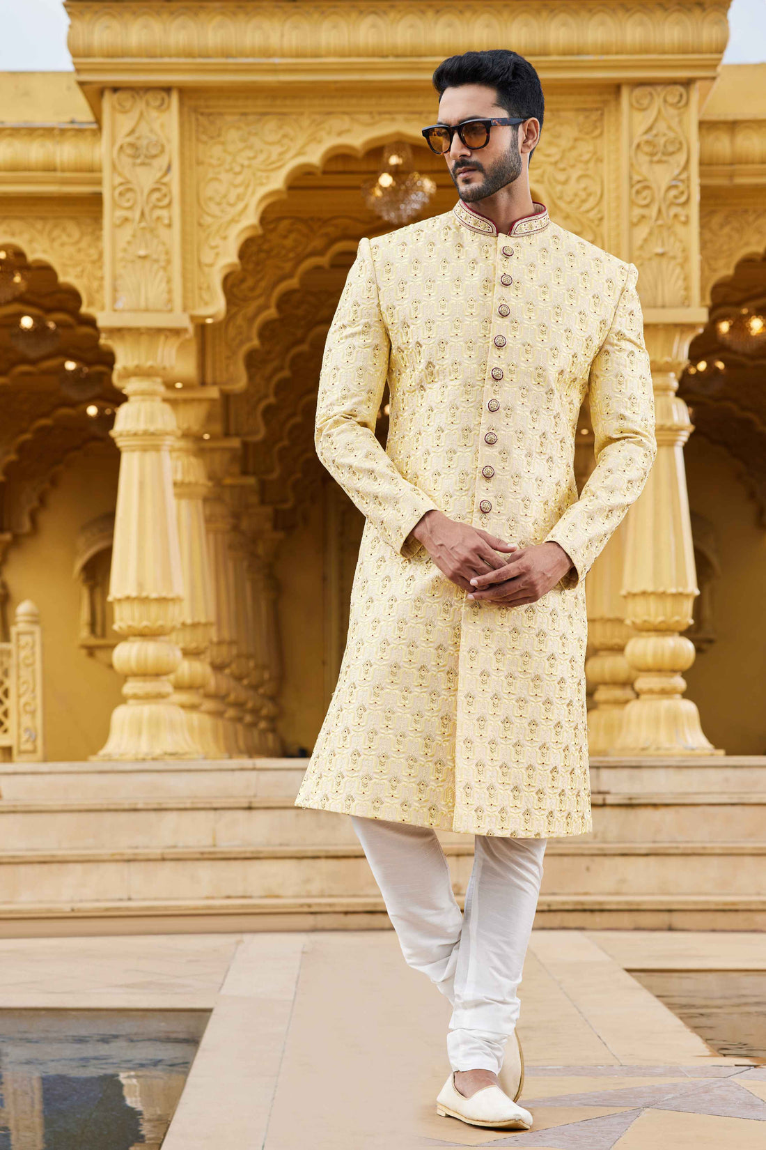 Yellow Embroidered Sherwani for Men in Art Silk