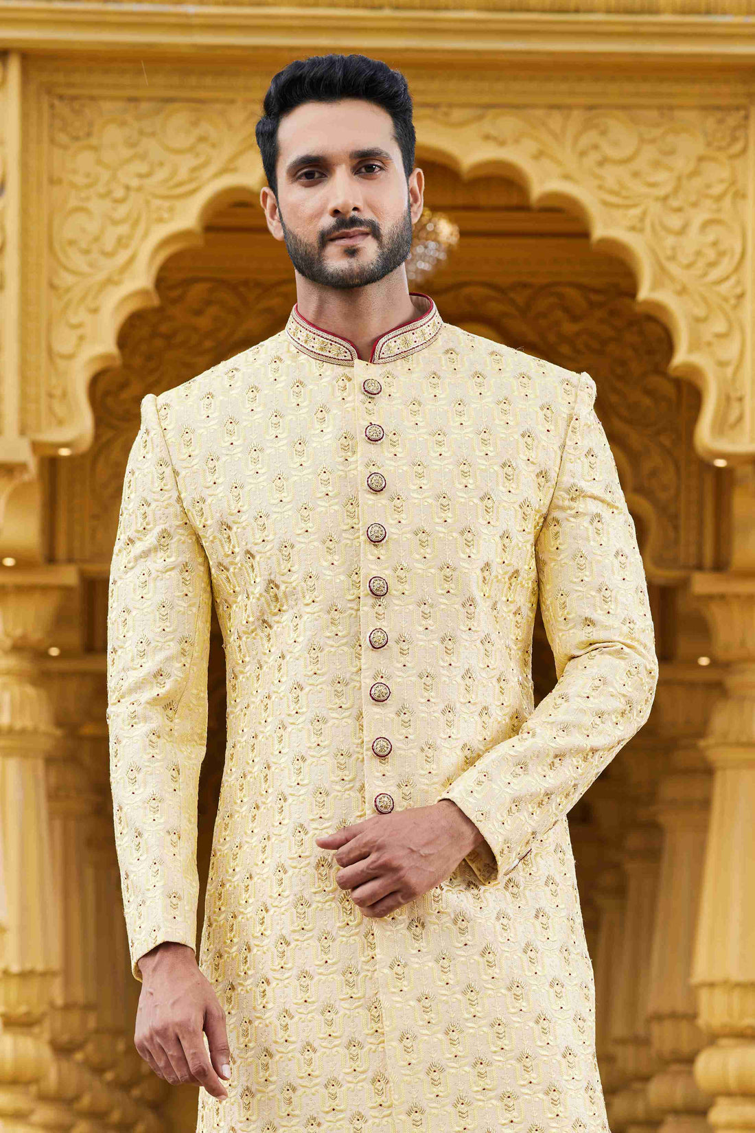 Yellow Embroidered Sherwani for Men in Art Silk