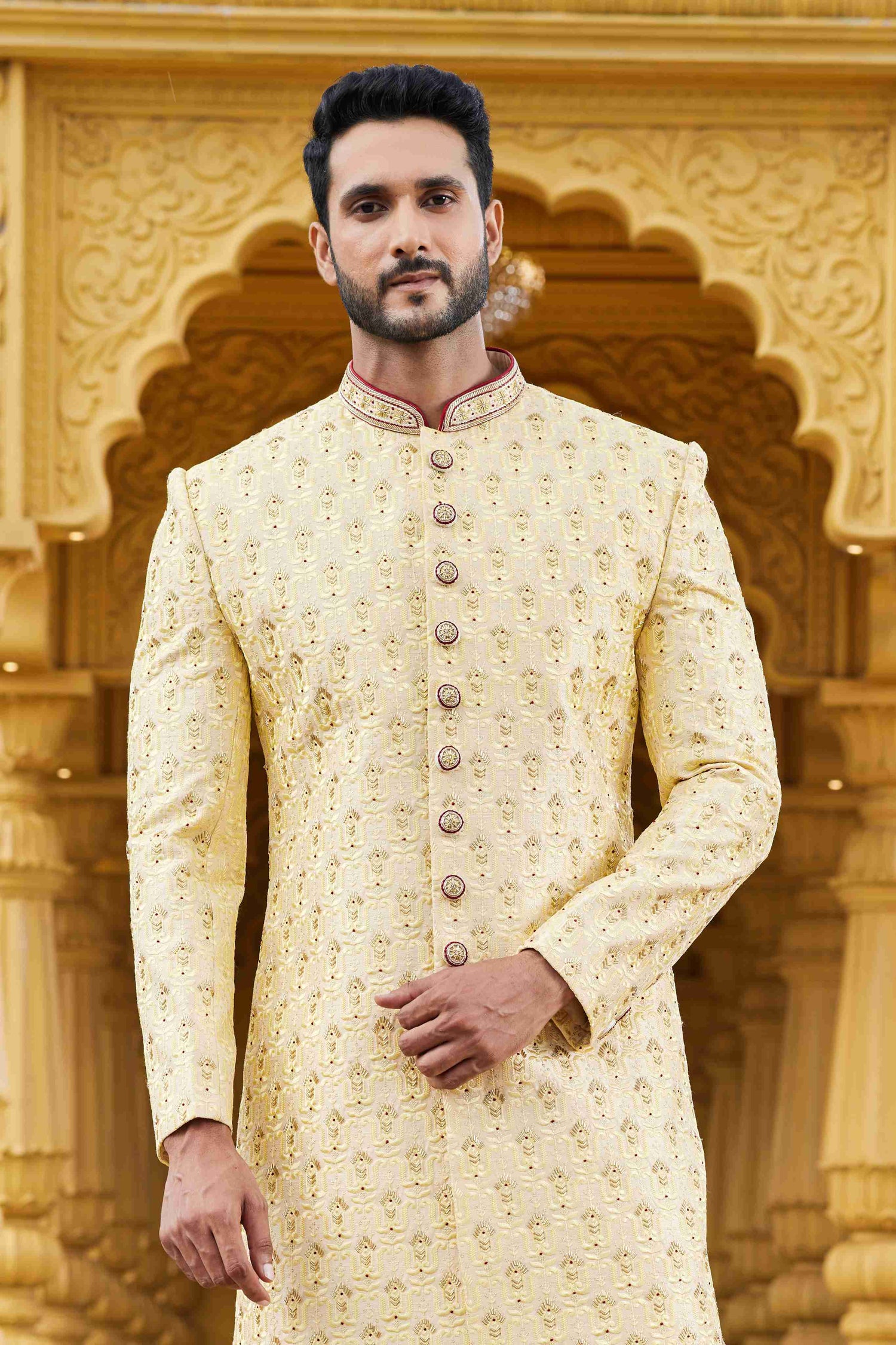 Yellow Embroidered Sherwani for Men in Art Silk