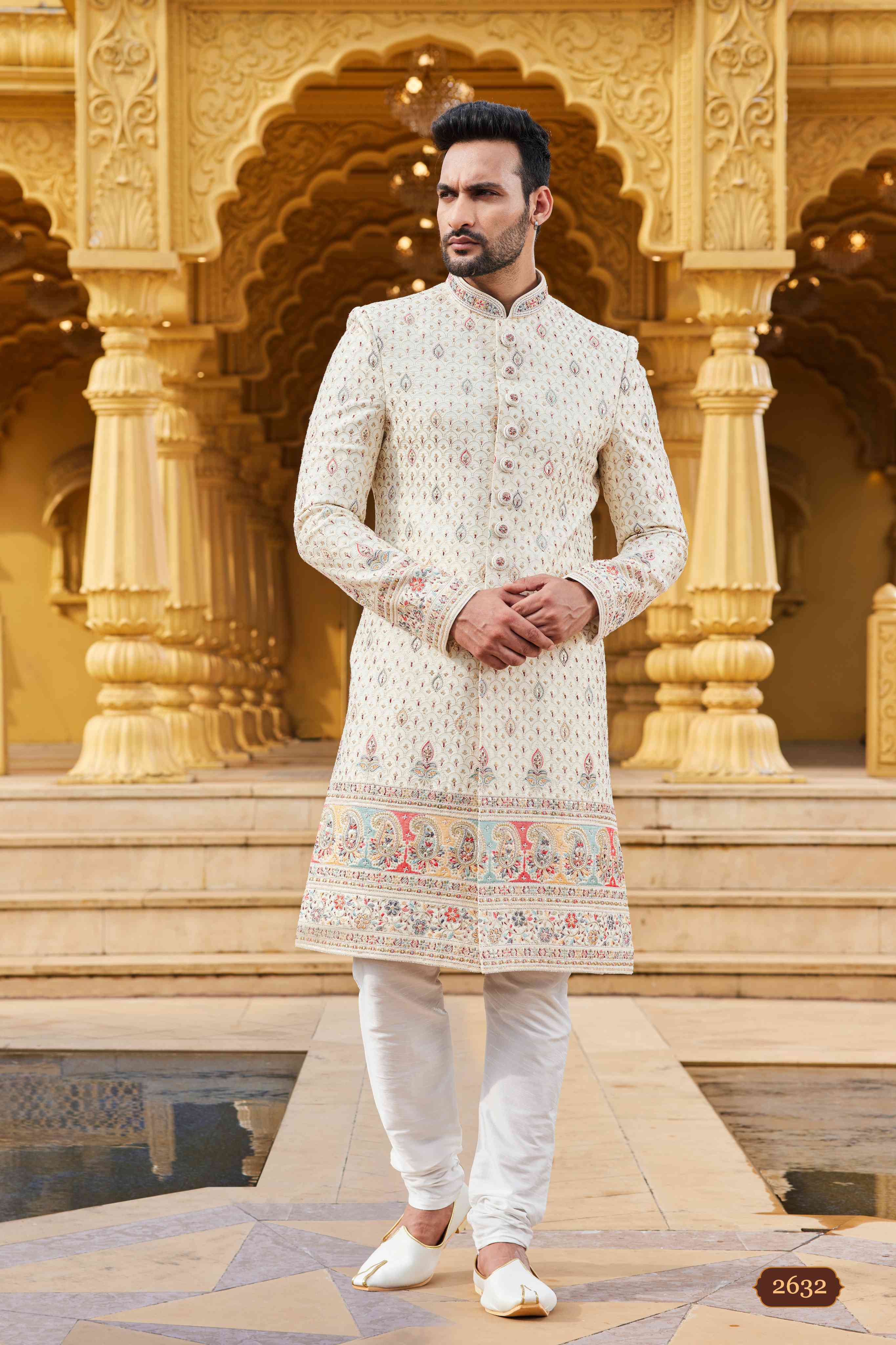 Cream Designer Embroidered Sherwani for Men