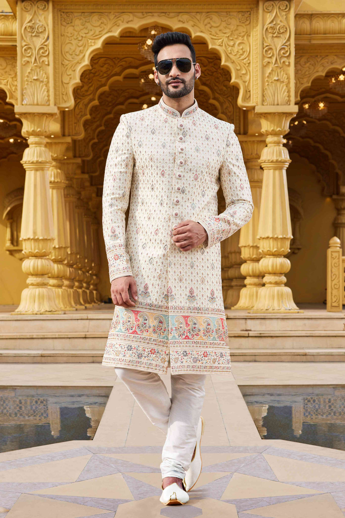 Cream Designer Embroidered Sherwani for Men