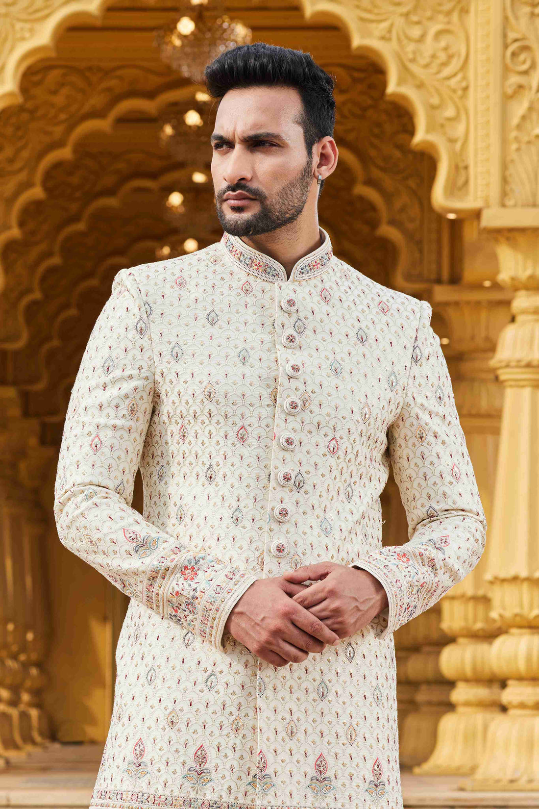 Cream Designer Embroidered Sherwani for Men