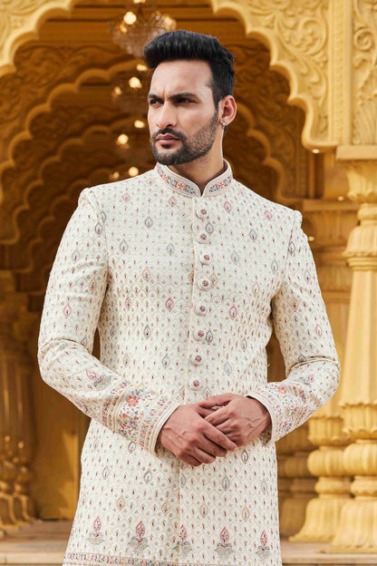 Cream Designer Embroidered Sherwani for Men