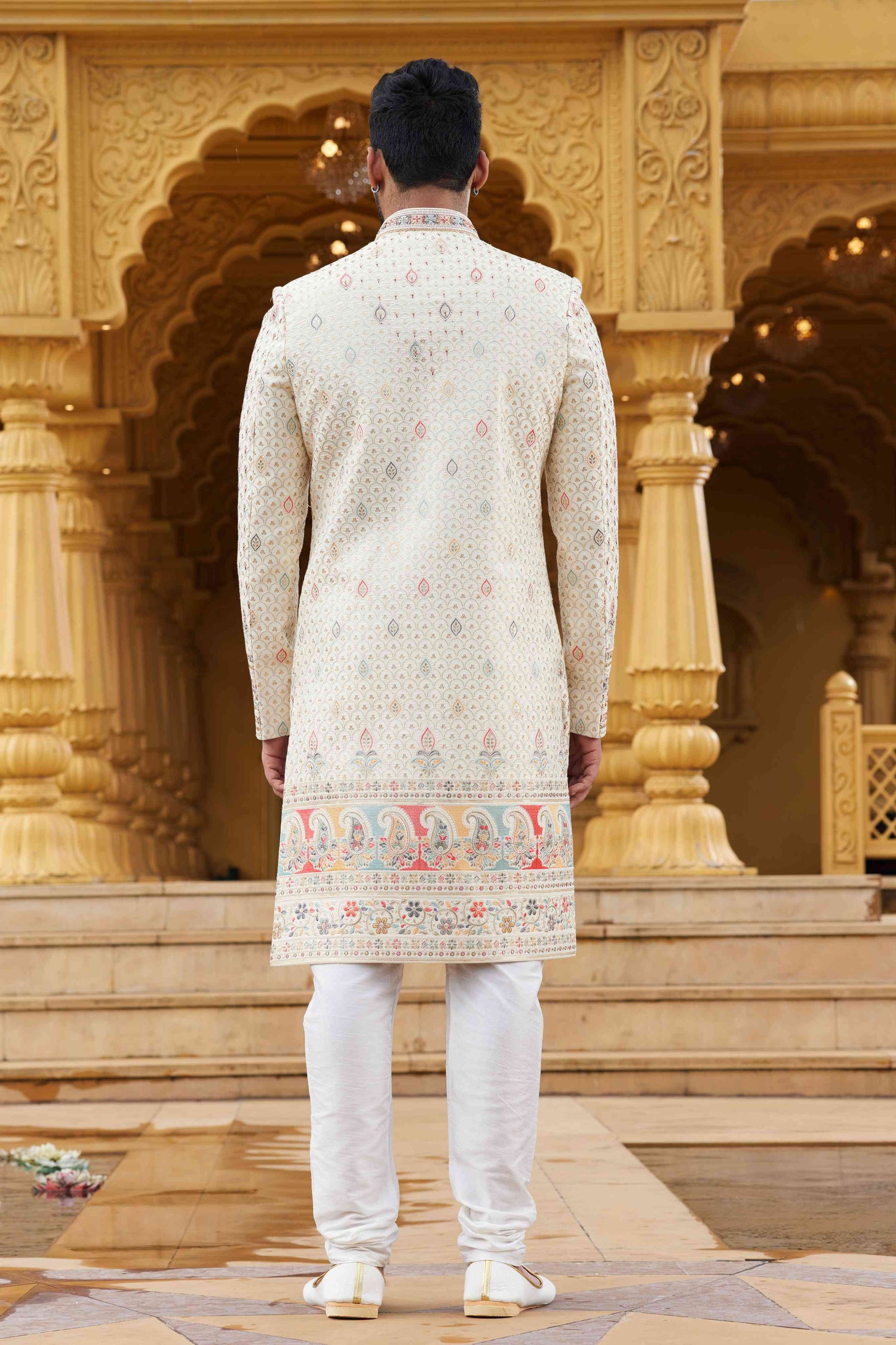 Cream Designer Embroidered Sherwani for Men