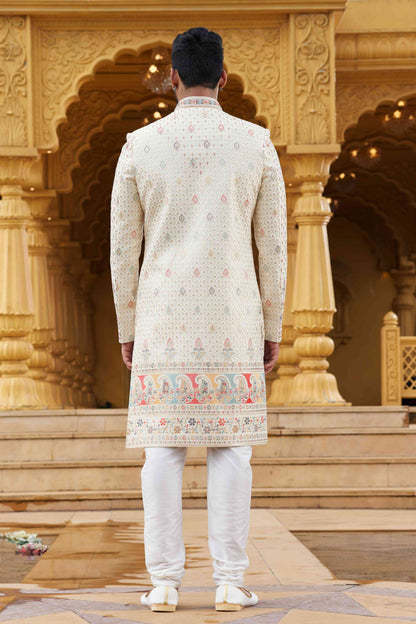 Cream Designer Embroidered Sherwani for Men