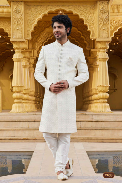 Cream Machine Embroidered Art Silk Sherwani for Men