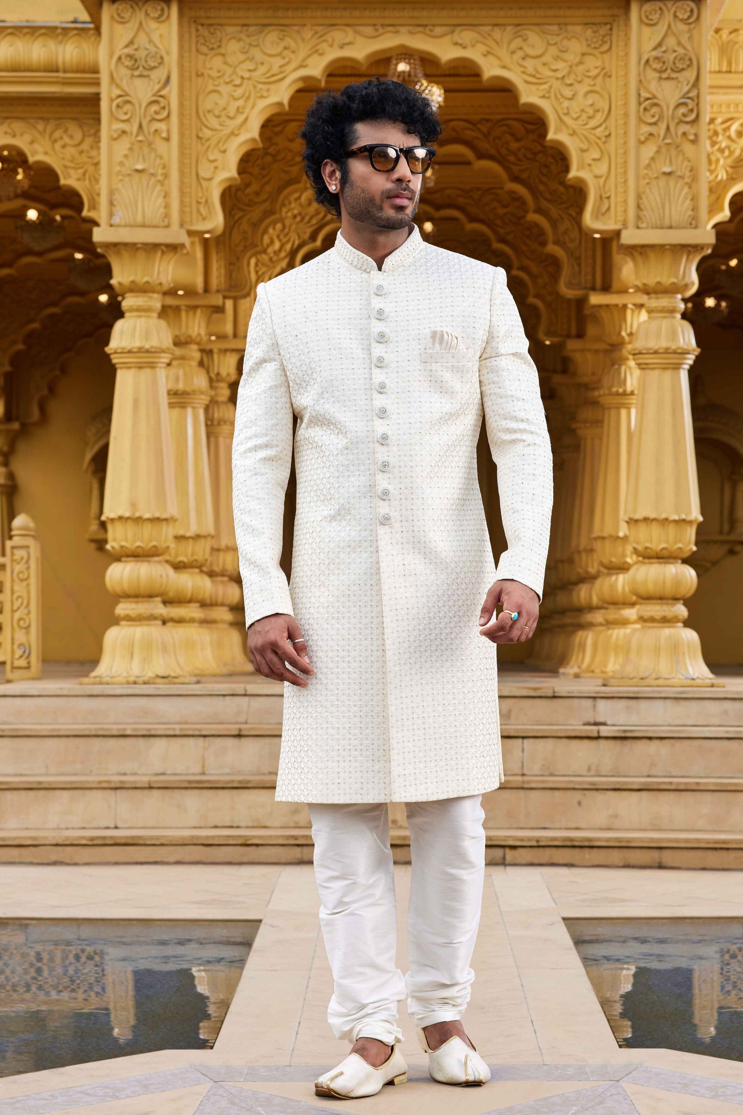 Cream Machine Embroidered Art Silk Sherwani for Men