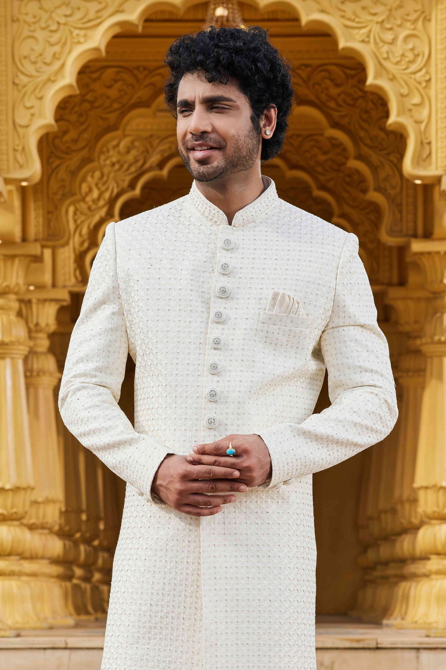 Cream Machine Embroidered Art Silk Sherwani for Men