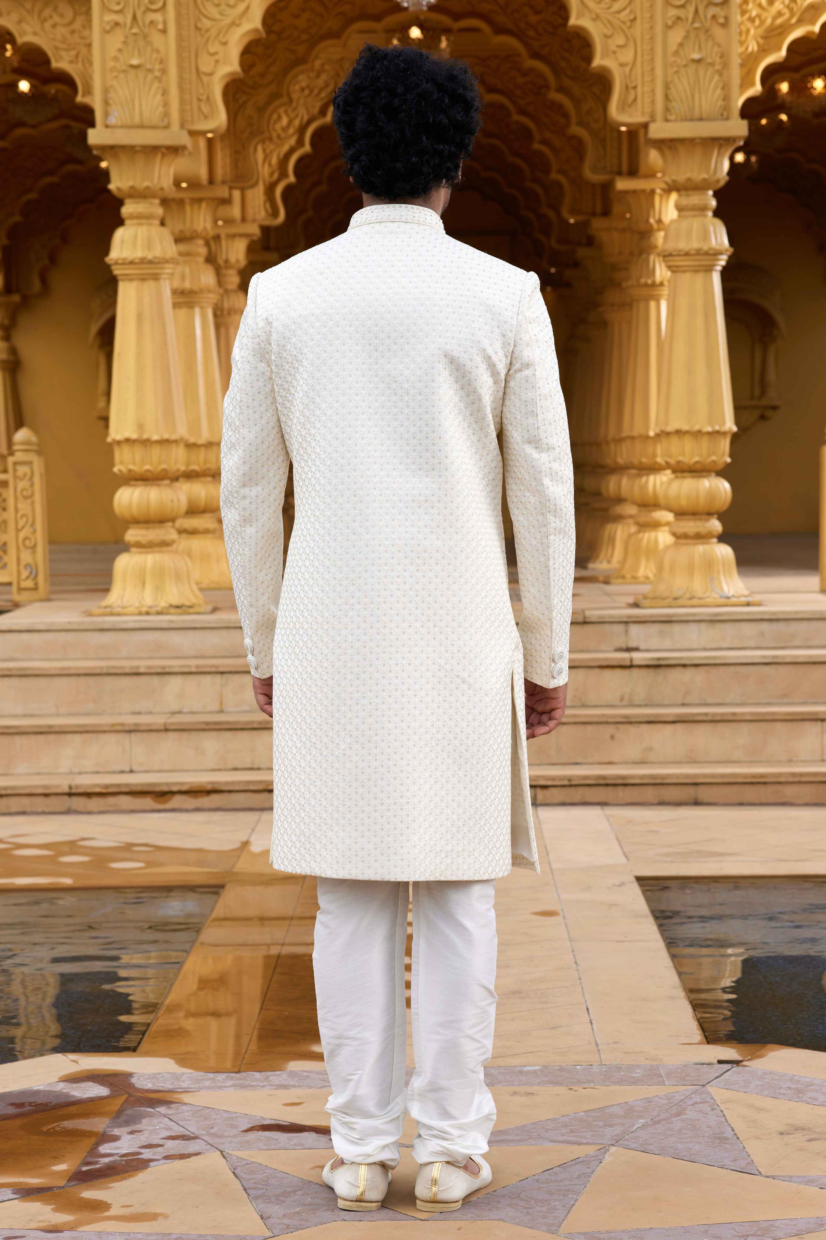 Cream Machine Embroidered Art Silk Sherwani for Men