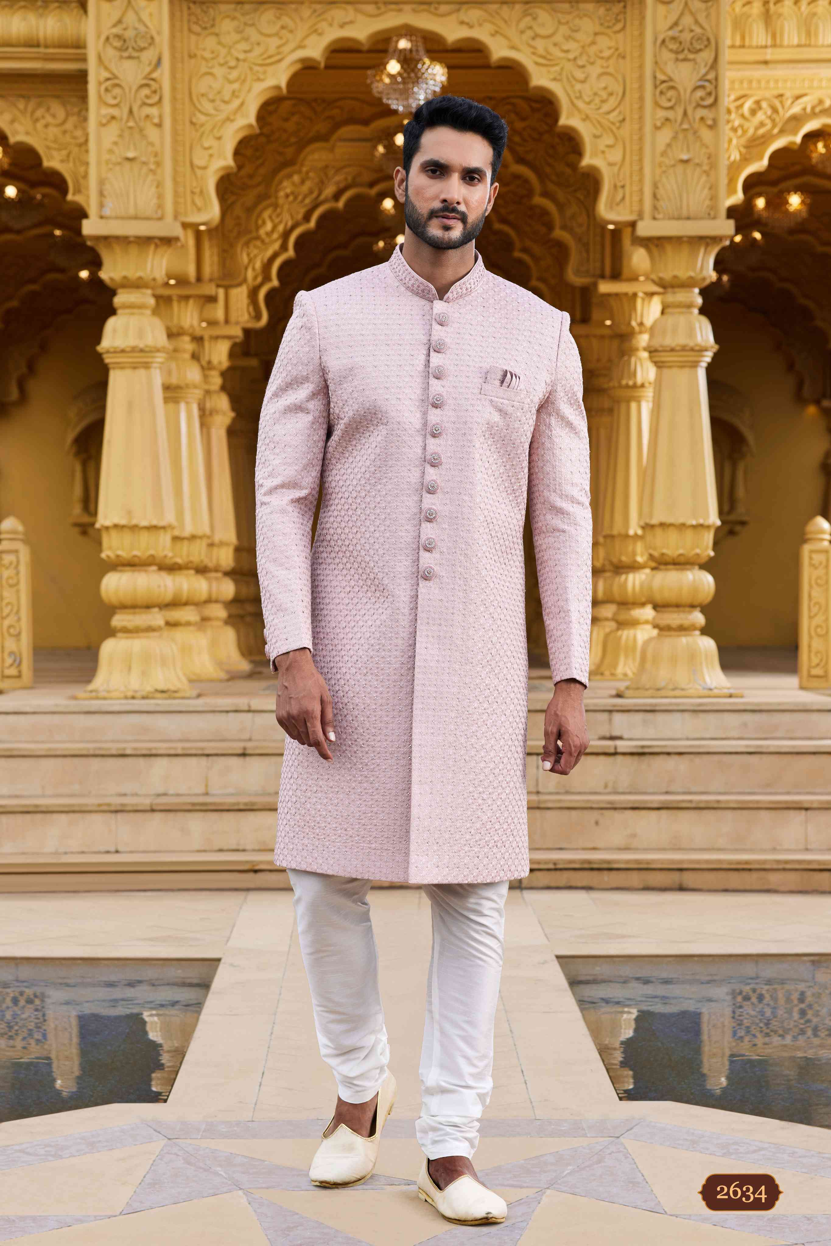 Onion Pink Embroidered Sherwani for Men in Art Silk