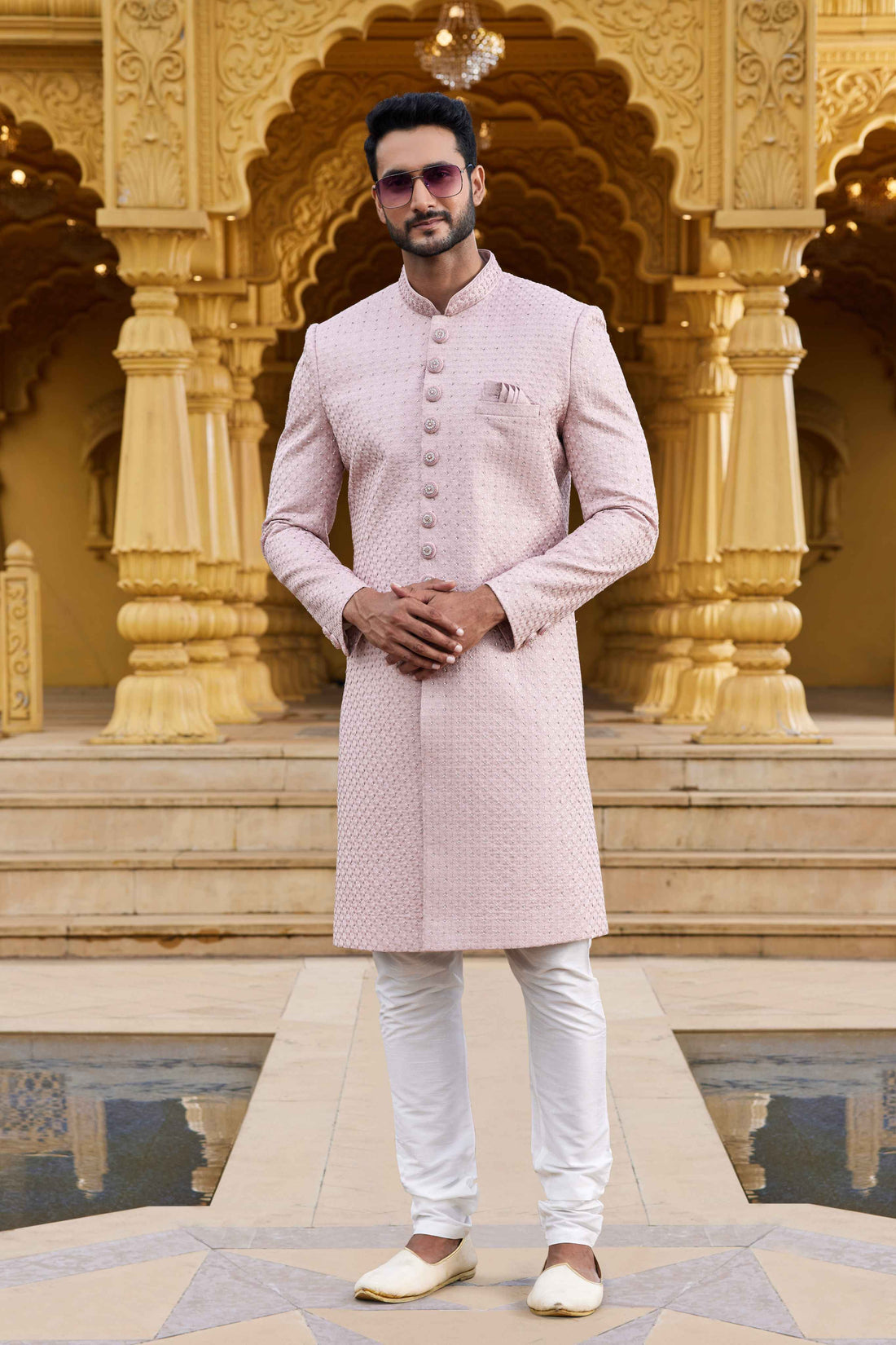 Onion Pink Embroidered Sherwani for Men in Art Silk