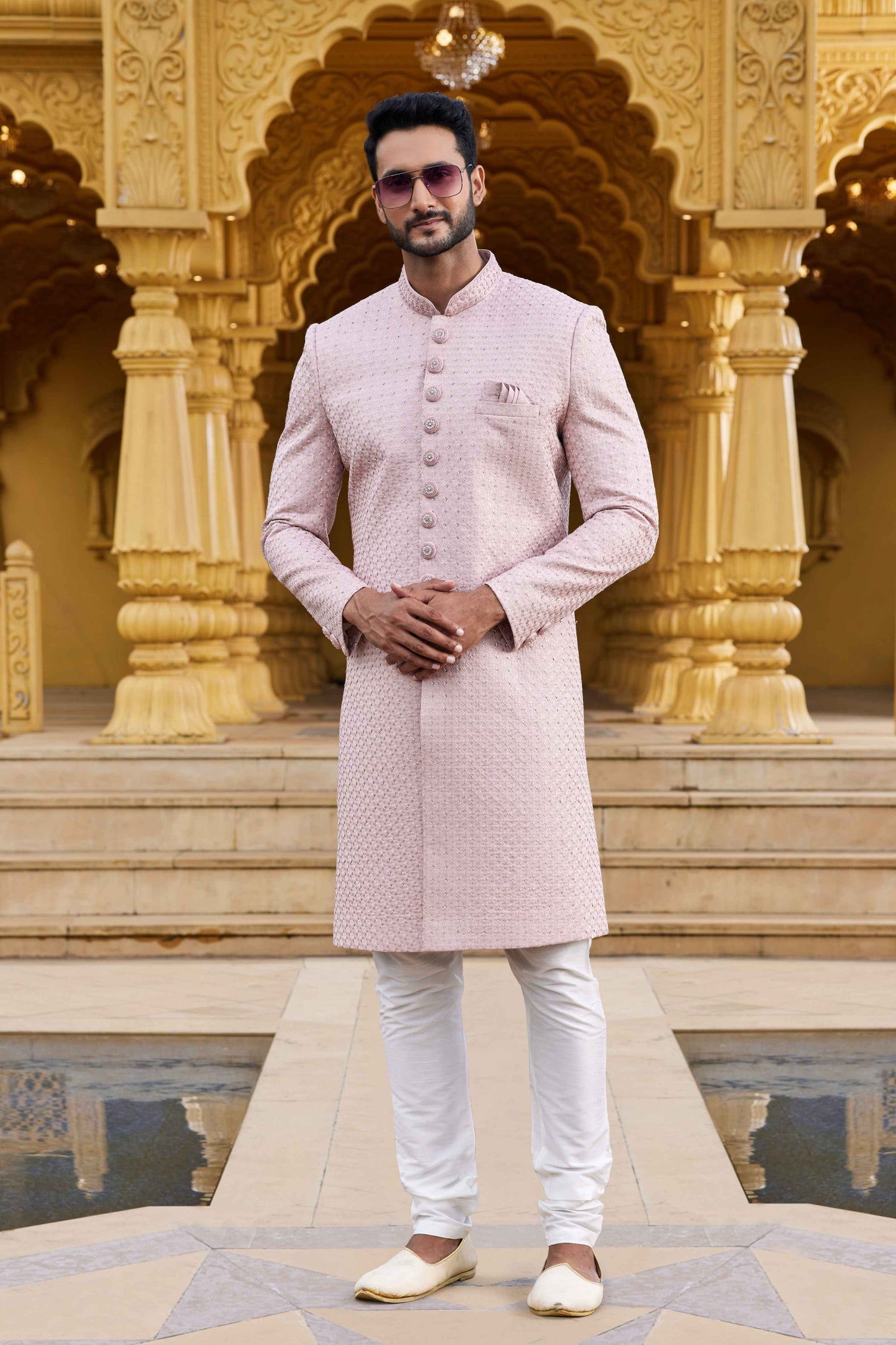 Onion Pink Embroidered Sherwani for Men in Art Silk