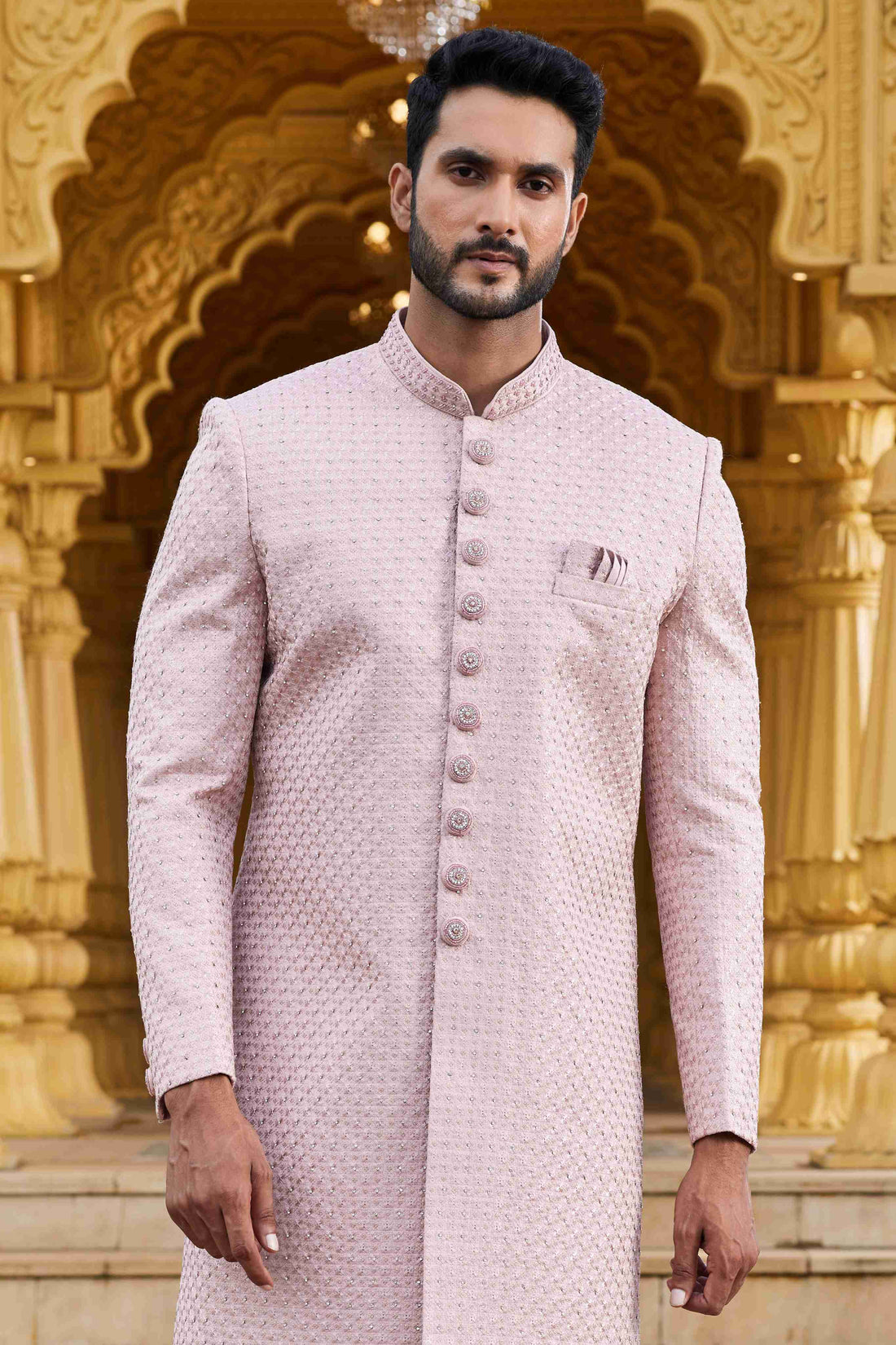 Onion Pink Embroidered Sherwani for Men in Art Silk