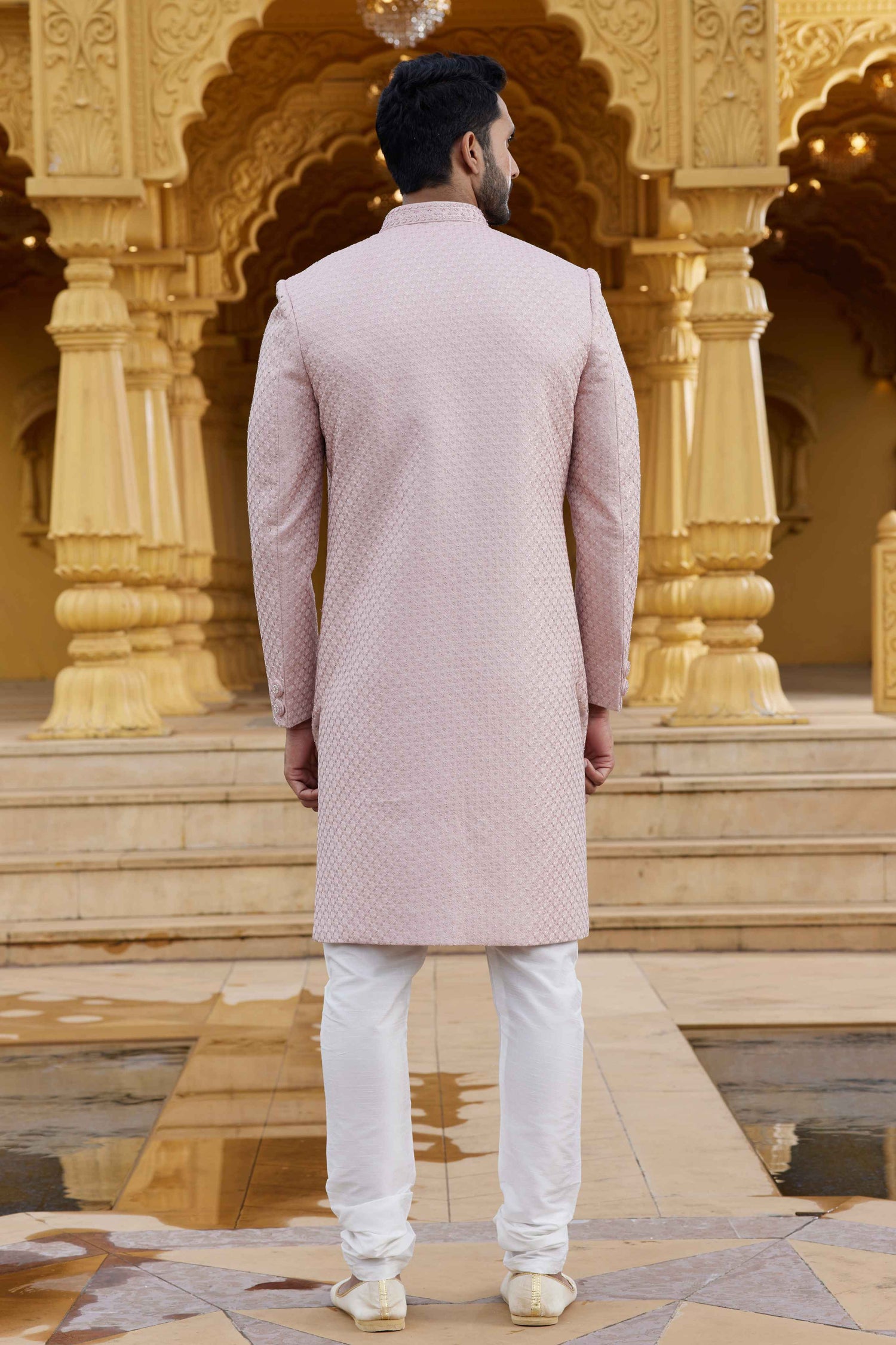 Onion Pink Embroidered Sherwani for Men in Art Silk