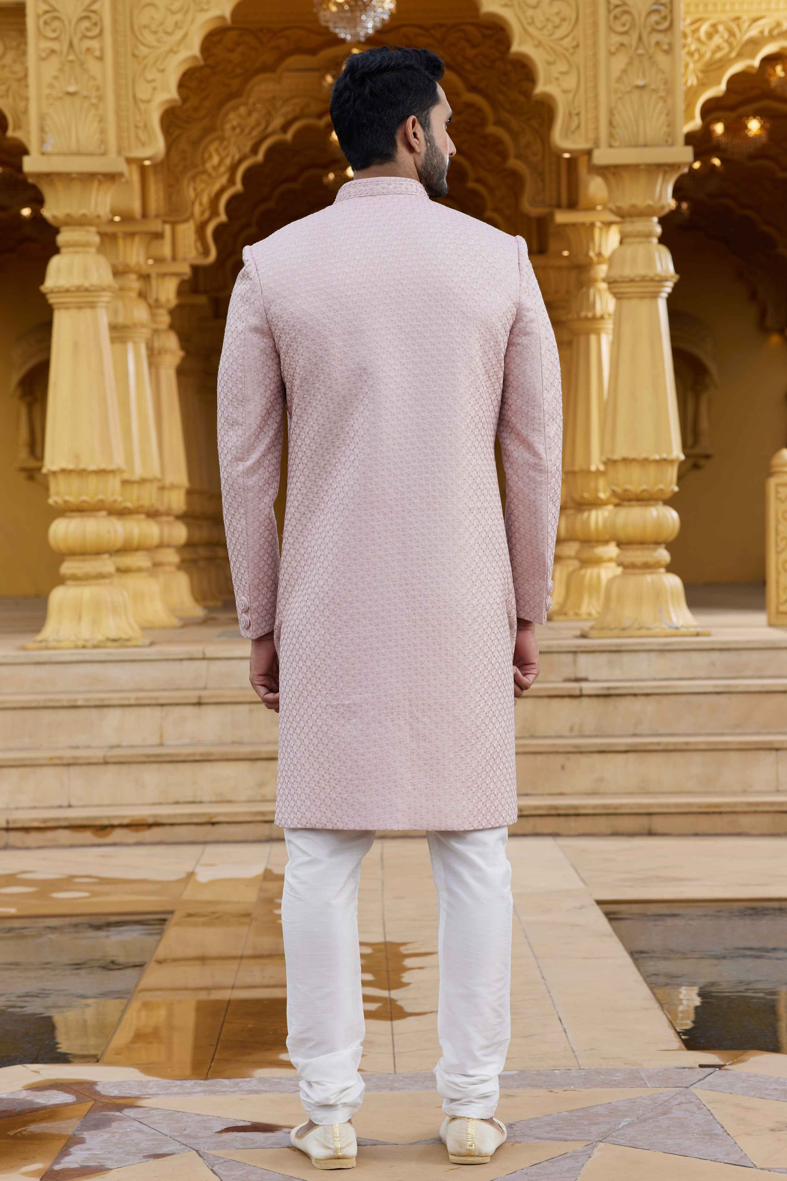 Onion Pink Embroidered Sherwani for Men in Art Silk