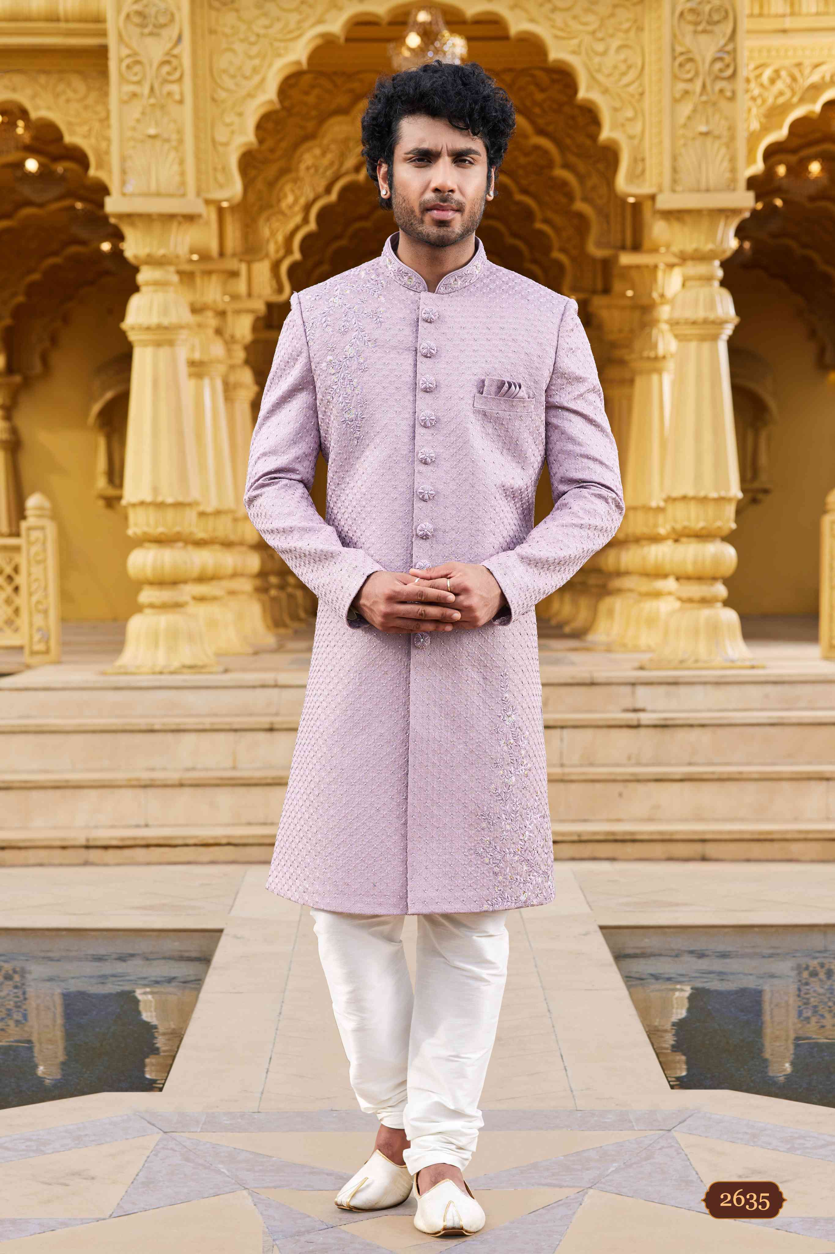 Onion Pink Designer Embroidered Sherwani for Men in Art Silk