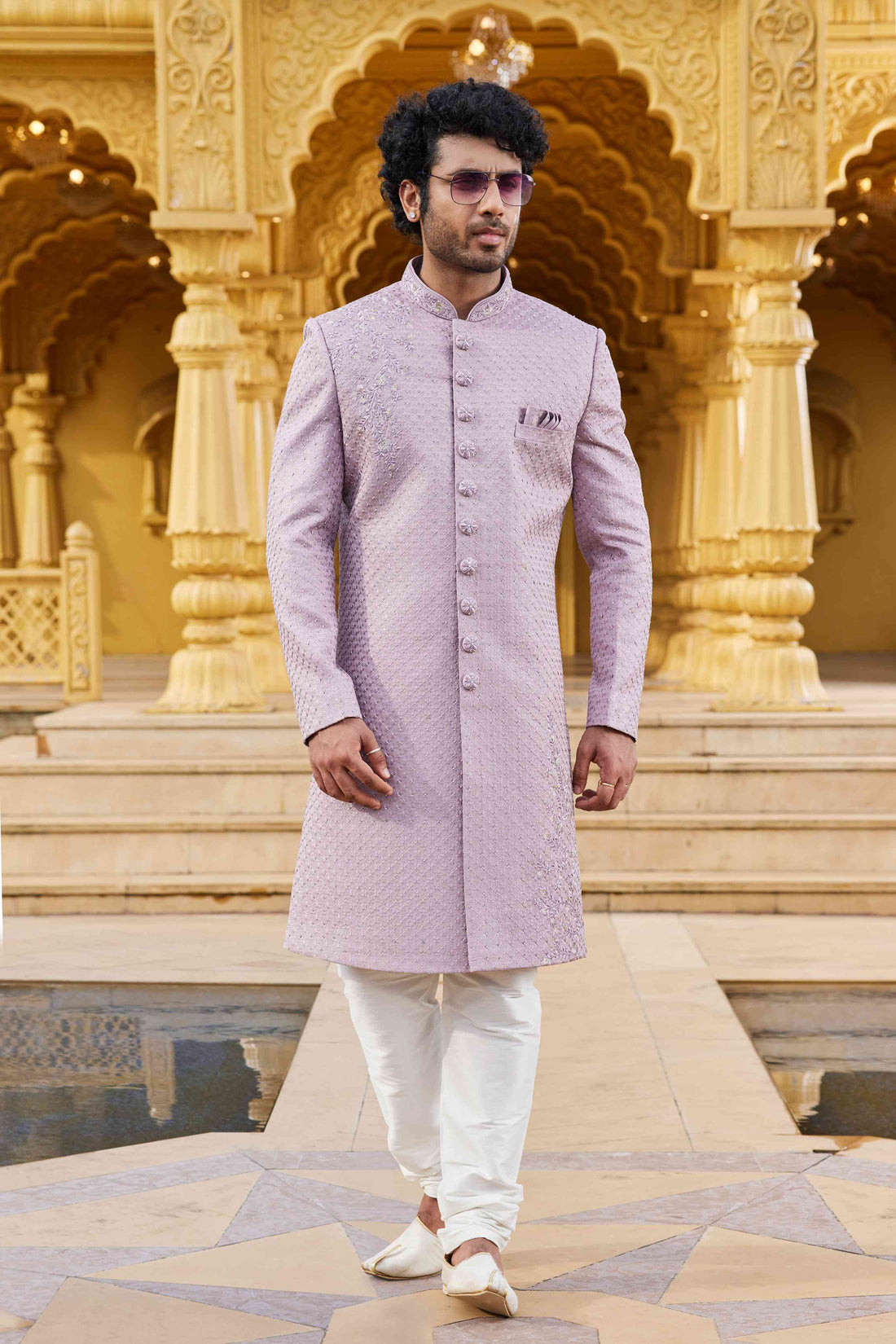 Onion Pink Designer Embroidered Sherwani for Men in Art Silk