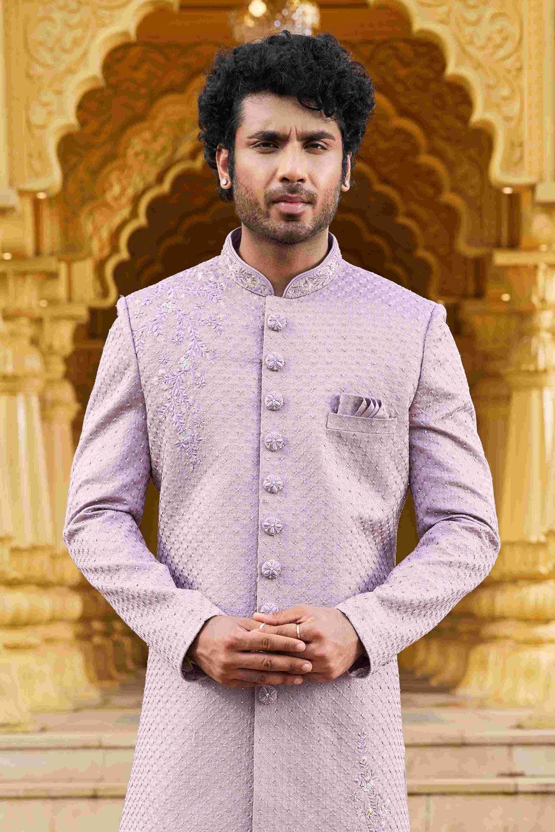 Onion Pink Designer Embroidered Sherwani for Men in Art Silk