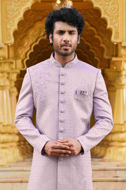 Onion Pink Designer Embroidered Sherwani for Men in Art Silk
