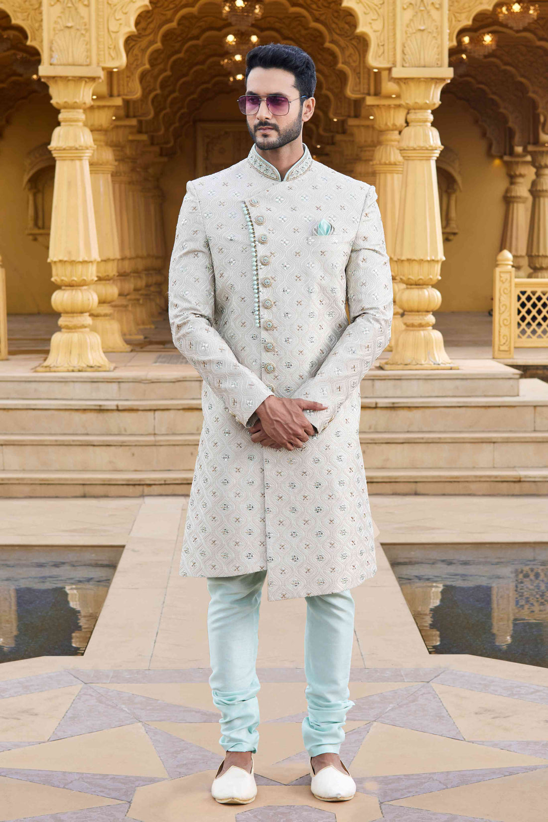 Cream Mint Embroidered Sherwani for Men with Churidar