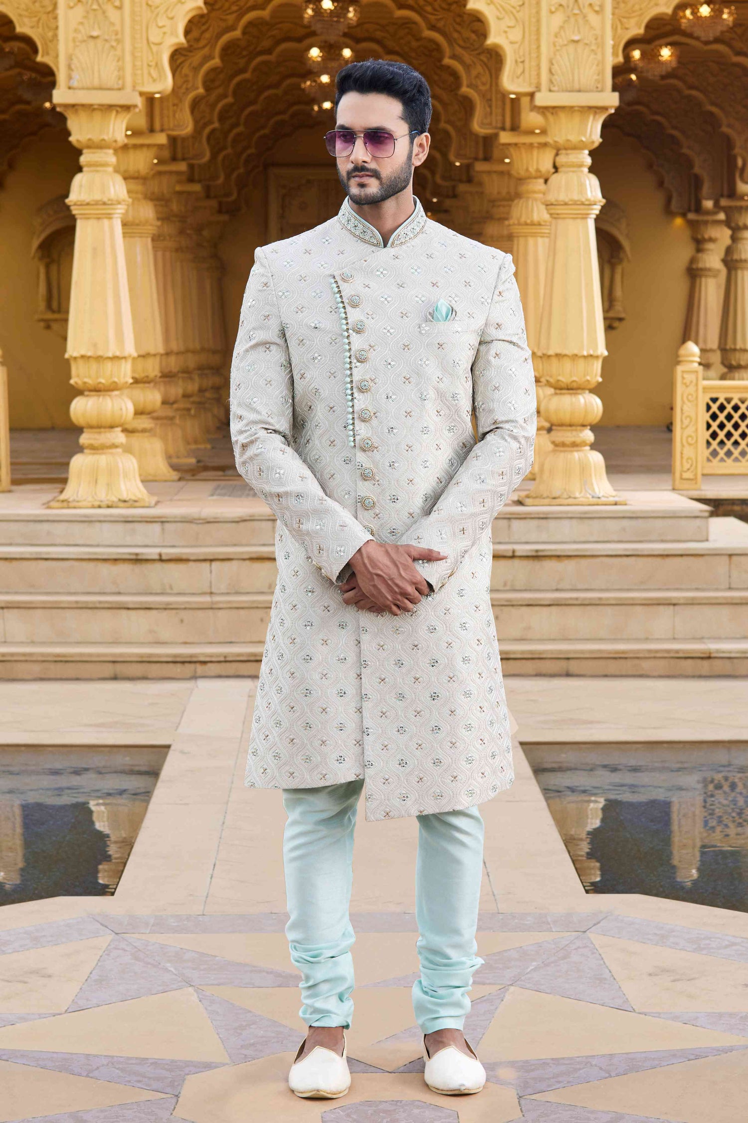 Cream Mint Embroidered Sherwani for Men with Churidar