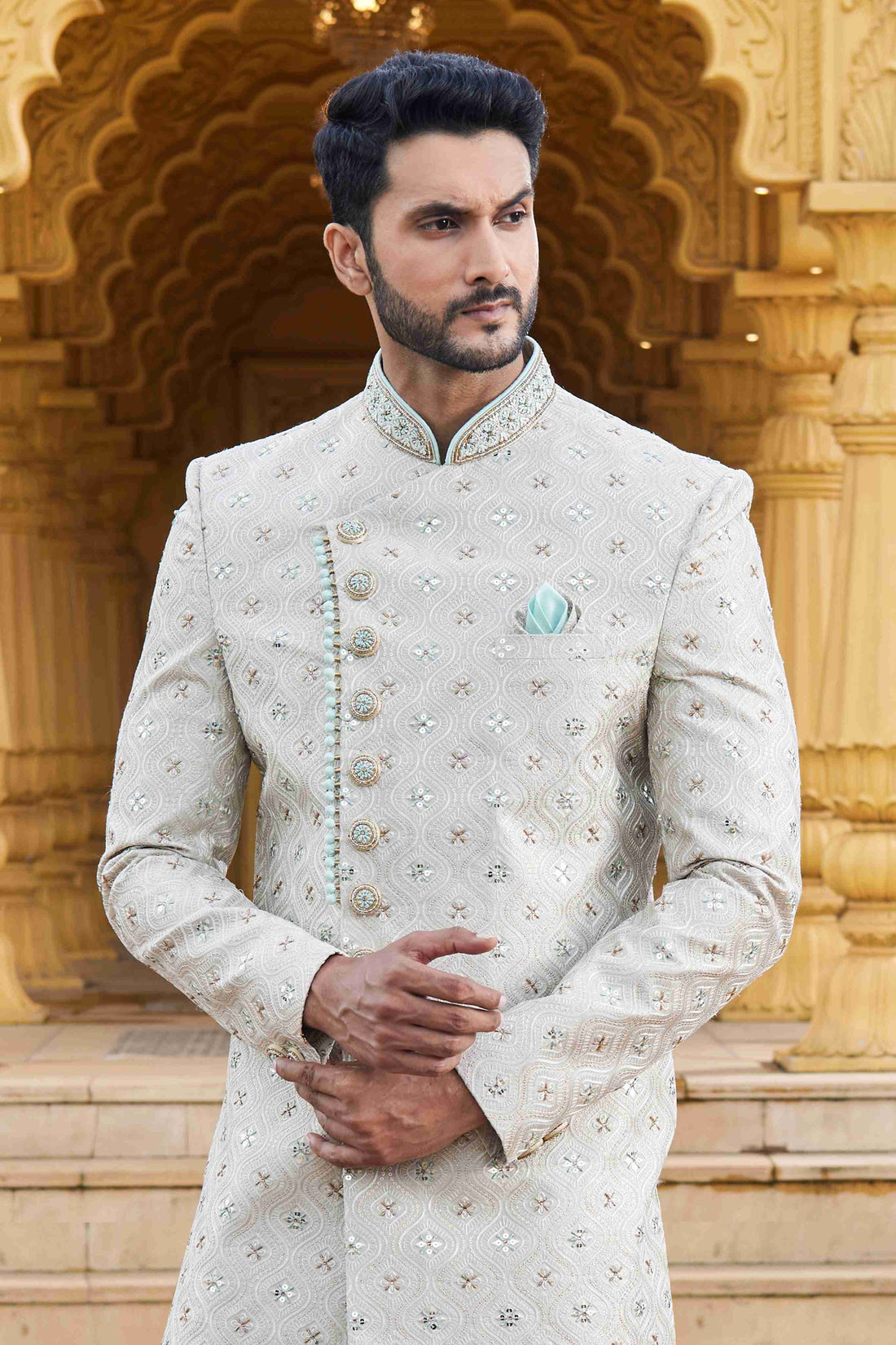 Cream Mint Embroidered Sherwani for Men with Churidar