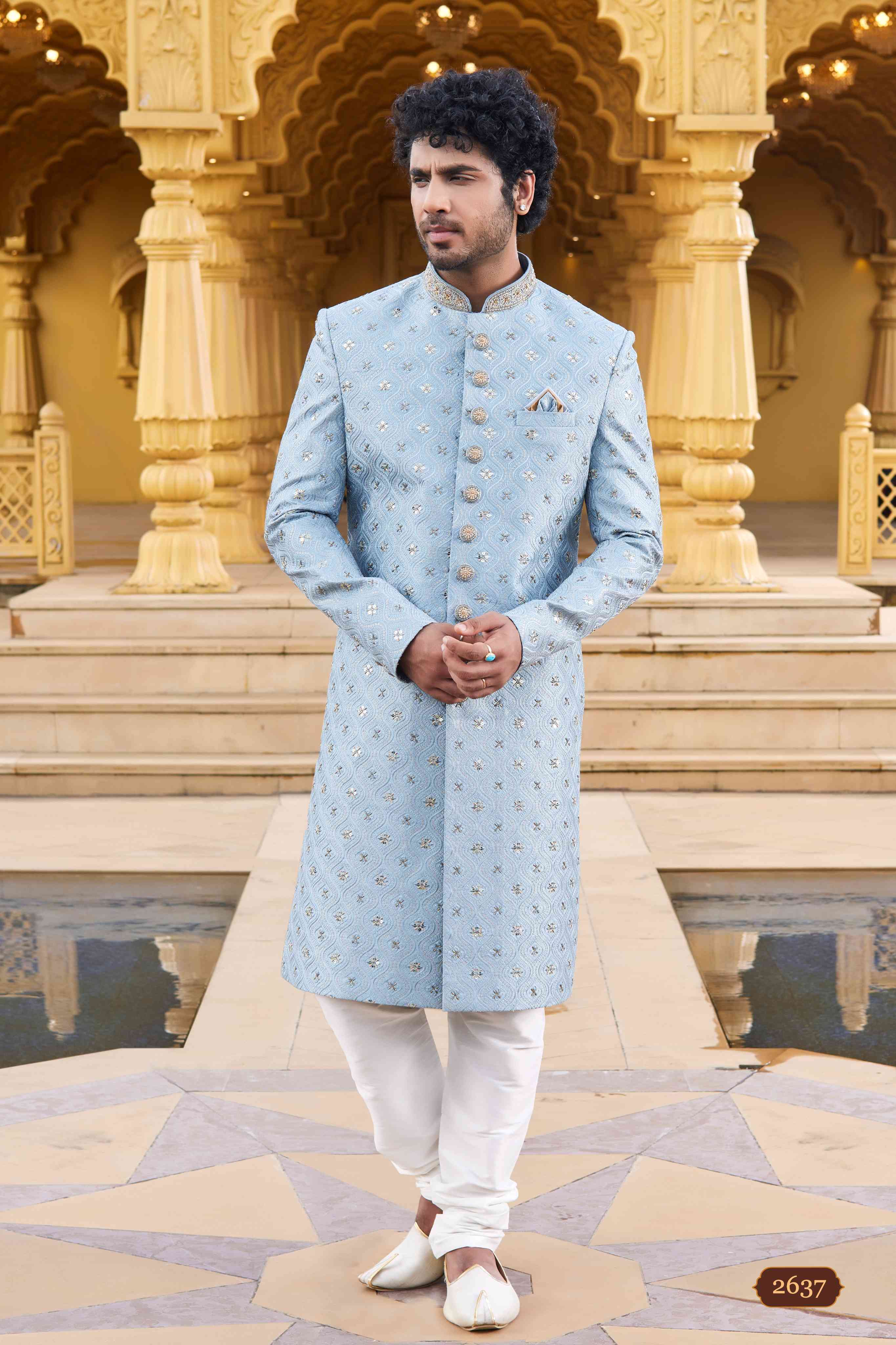 Sky Blue Embroidered Sherwani for Men in Art Silk