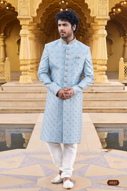Sky Blue Embroidered Sherwani for Men in Art Silk