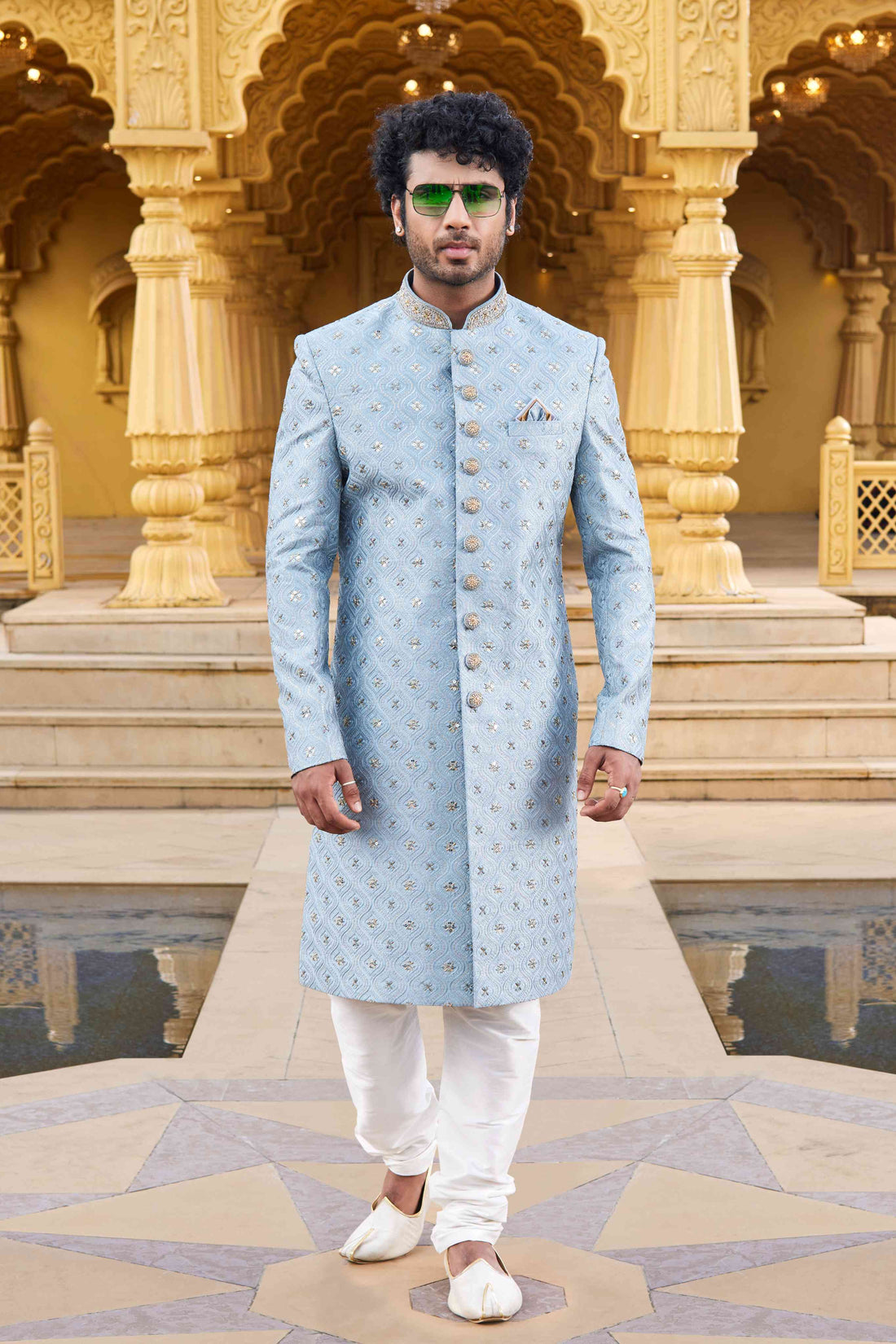 Sky Blue Embroidered Sherwani for Men in Art Silk