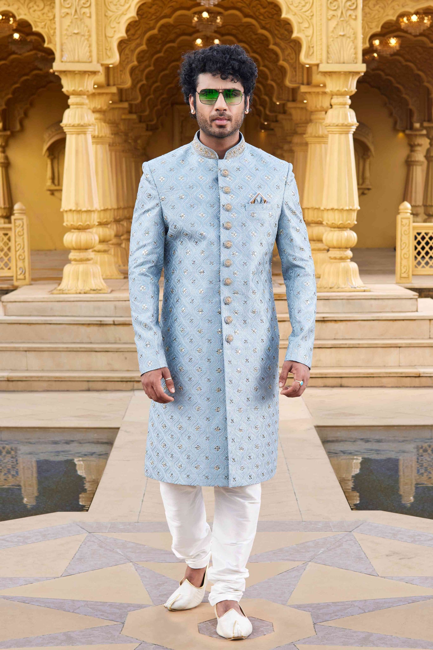 Sky Blue Embroidered Sherwani for Men in Art Silk