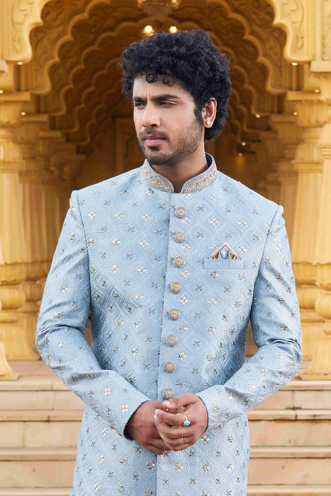 Sky Blue Embroidered Sherwani for Men in Art Silk