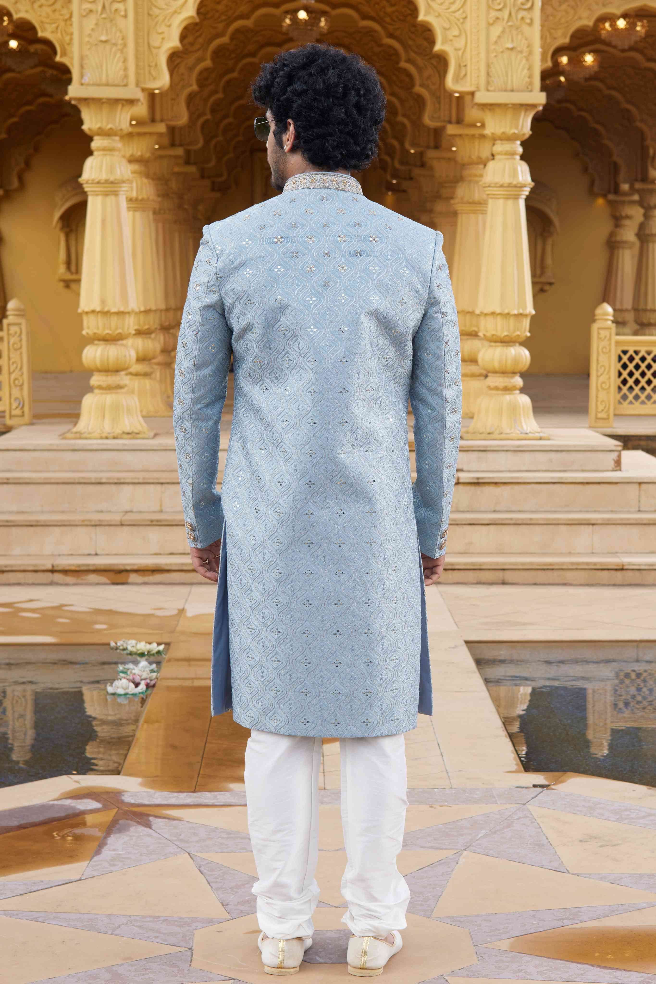 Sky Blue Embroidered Sherwani for Men in Art Silk