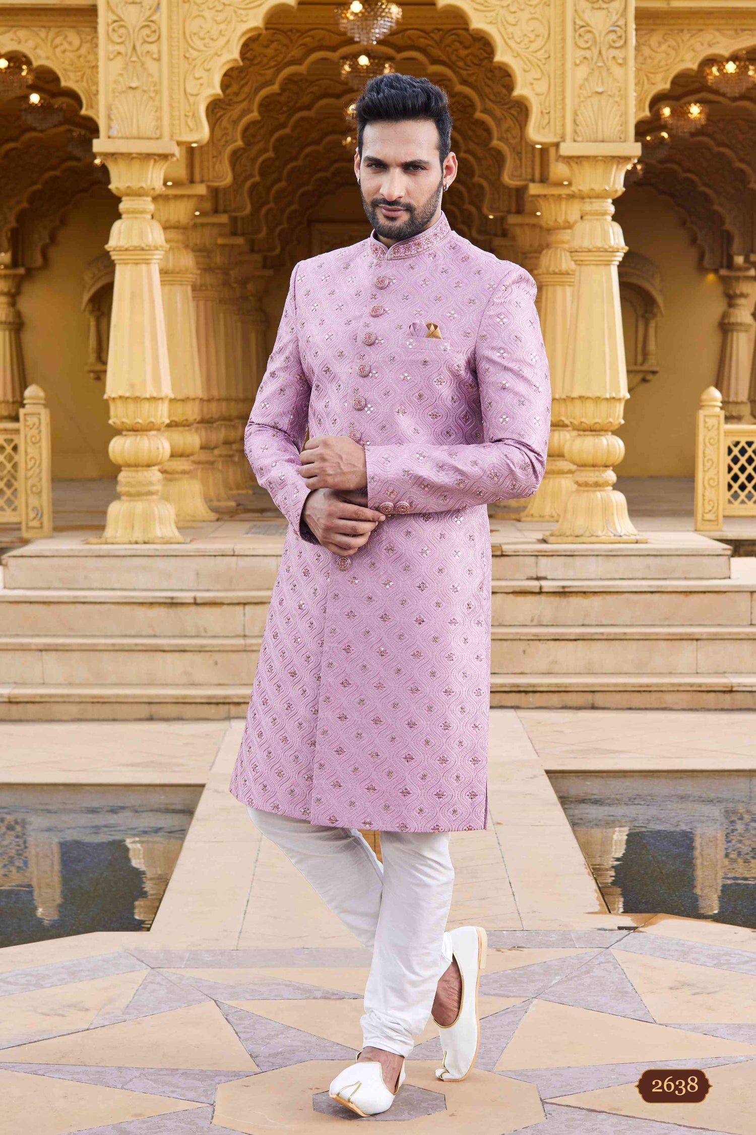 Mauve Pink Embroidered Sherwani for Men in Art Silk
